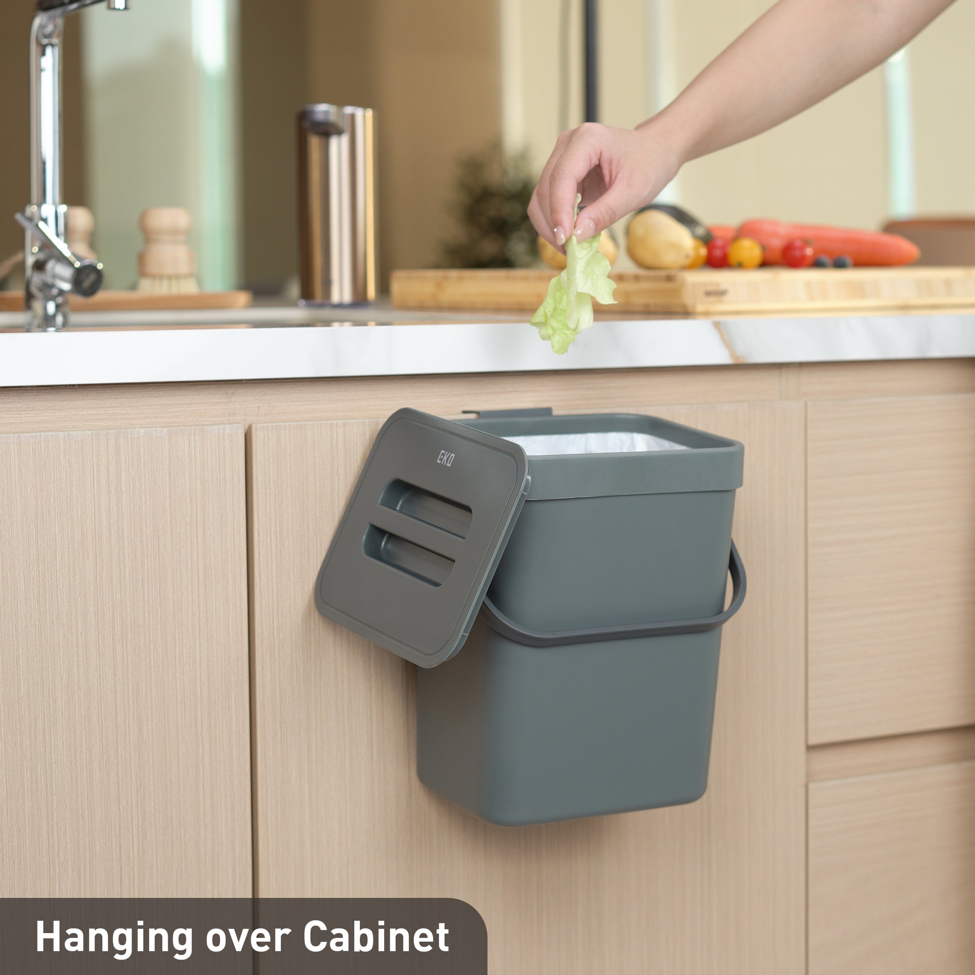 EKO Puro Compost Bin with Lid - Dark Gray 5L / 1.32 Gal – Hanging over Cabinet