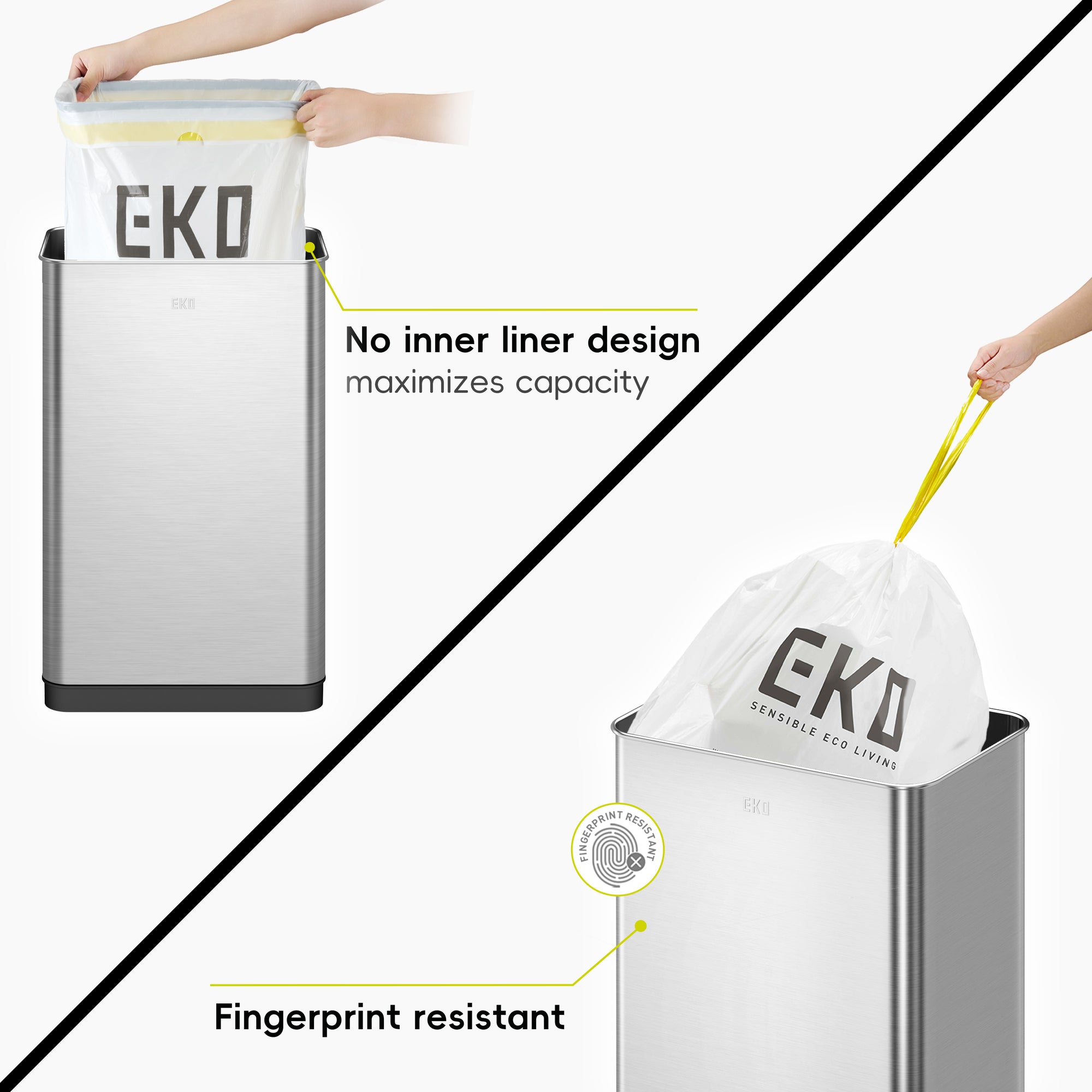 EKO Mirage-T 50 Liter / 13.2 Gallon Stainless Steel Motion Sensor Can – No inner liner design - Fingerprint resistant