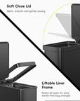 EKO trash can illustrating Silent Soft-Close Lid and Liftable Liner Frame.