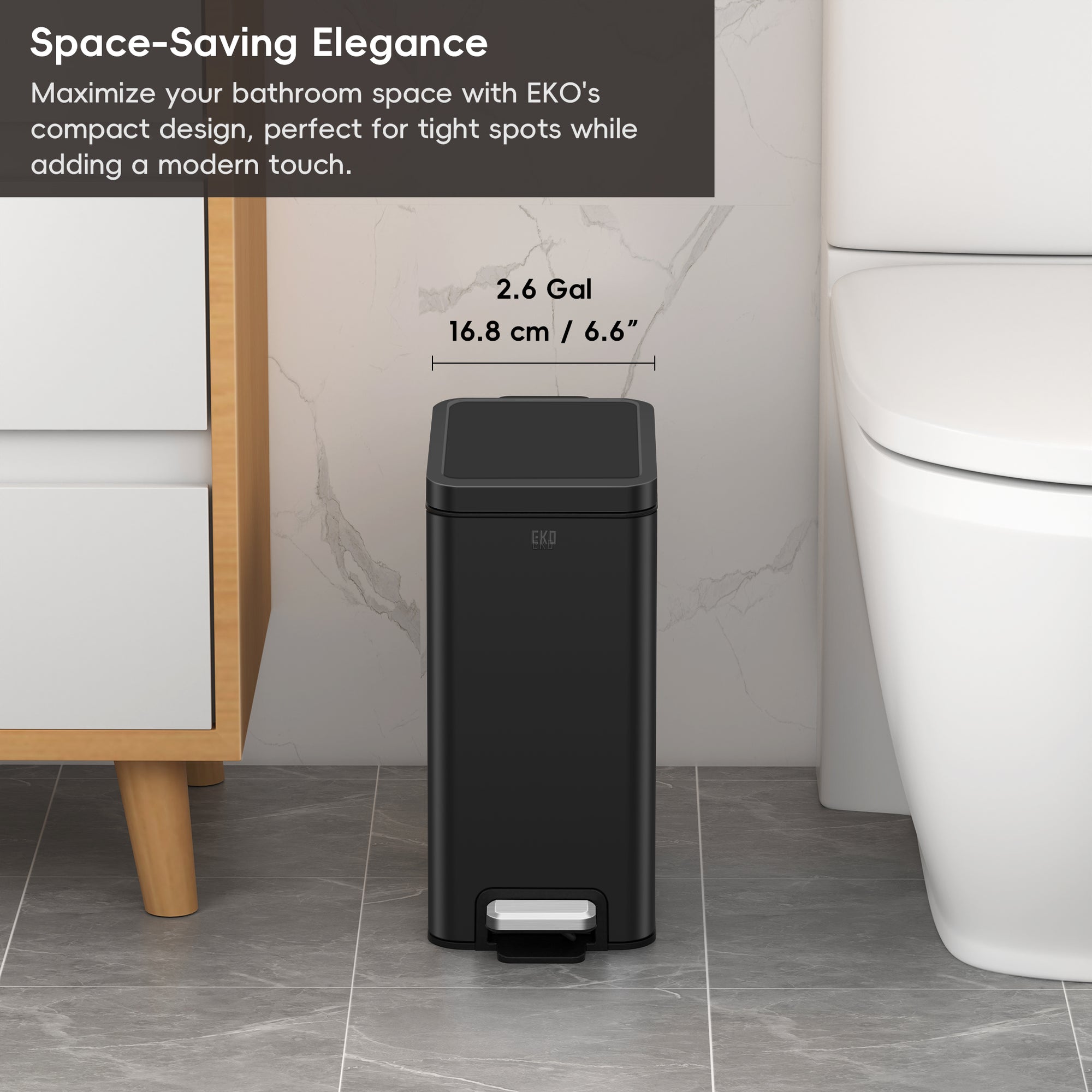 EKO Stella 10 L/2.6 Gal Small Bathroom Step Trash Can - Matte Black – Space-Saving Elegance - Maximize your bathroom space with EKOs compact design, perfect for tight spots while adding a modern touch