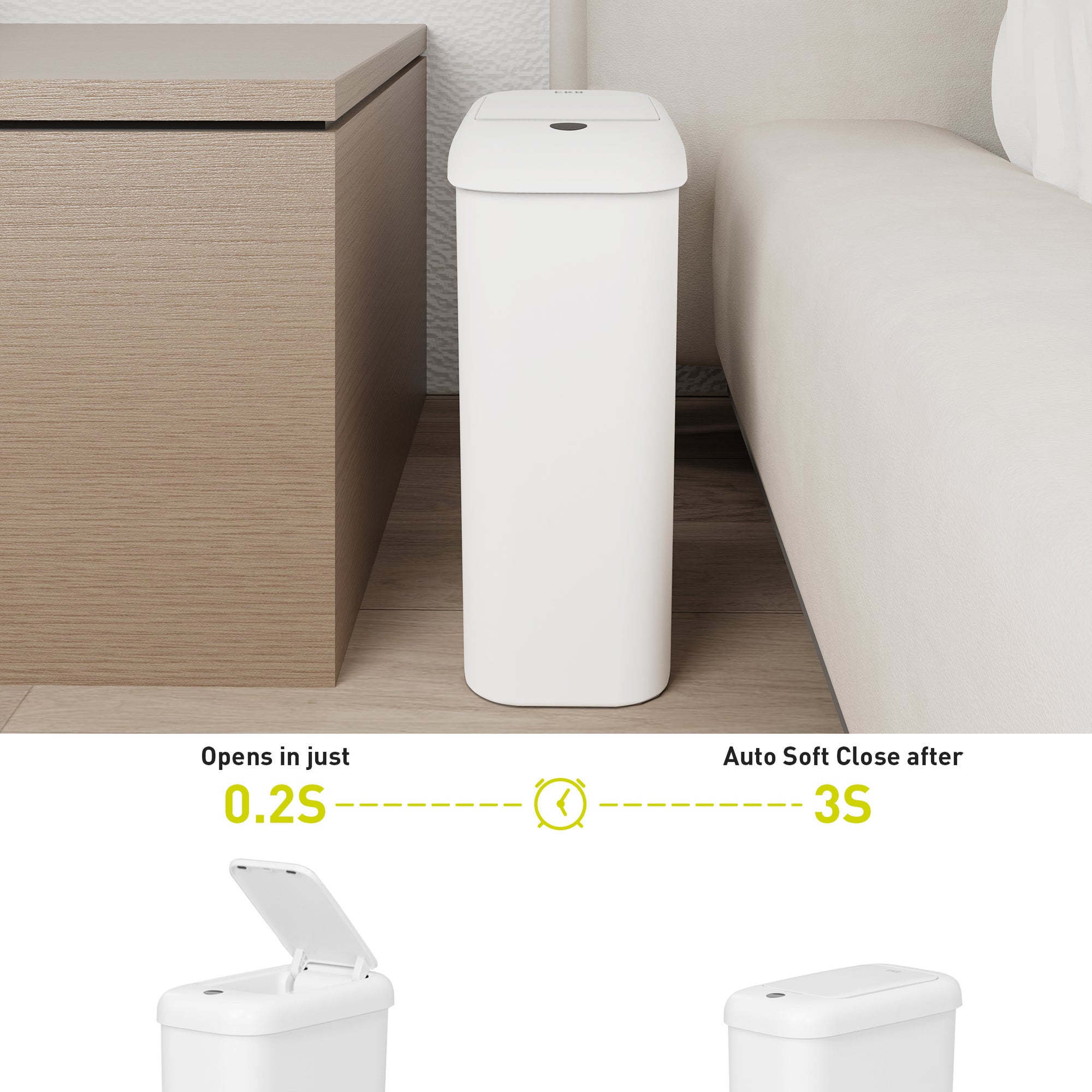 EKO Morandi Slim Bathroom Trash Can - 10L /2.6 Gallon - White – Fast Open - Soft Close