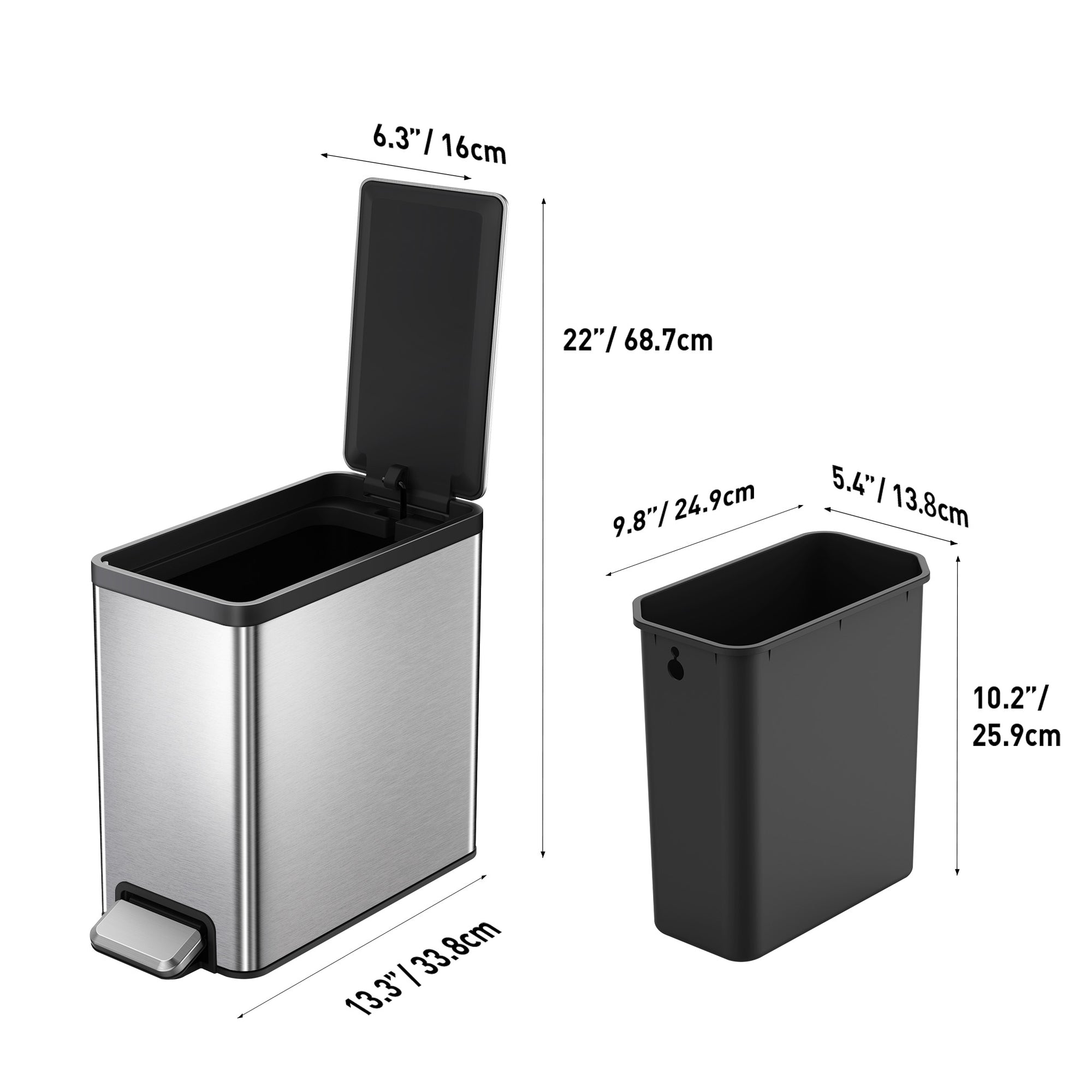 EKO EcoCasa II Slim Step Trash Can with Liner - 6L / 1.6 Gal - Matte Stainless Steel – Dimensions