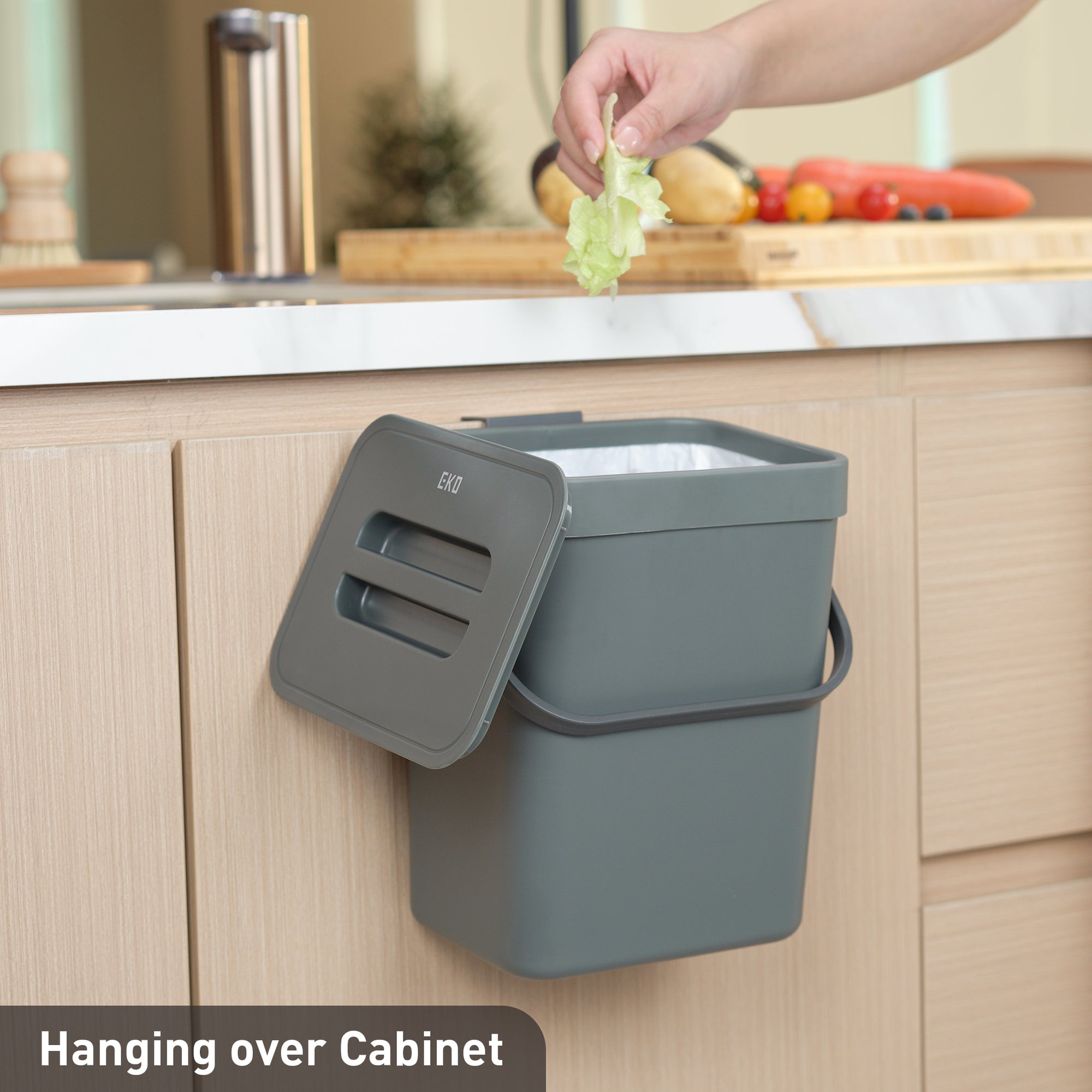 EKO Puro Compost Bin with Lid - Dark Gray 5L / 1.32 Gal – Hanging over Cabinet