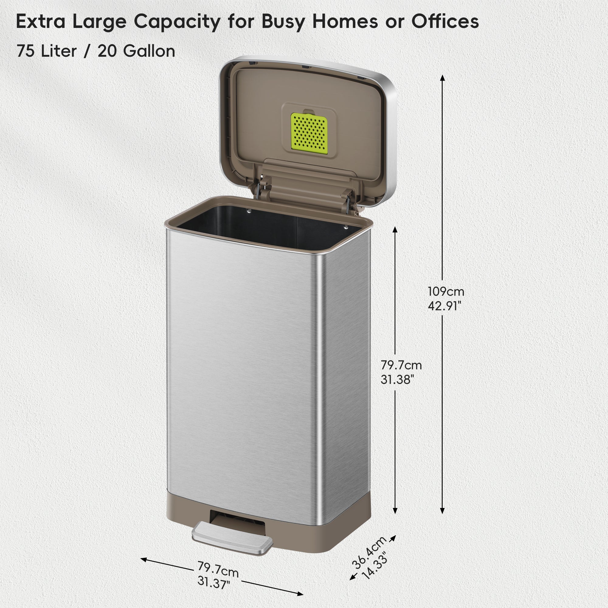 EKO Hudson 75L / 19.8 Gal Step Can with Bag Compartment - Stainless Steel – Extra Large Capacity for Busy Homes or Offices