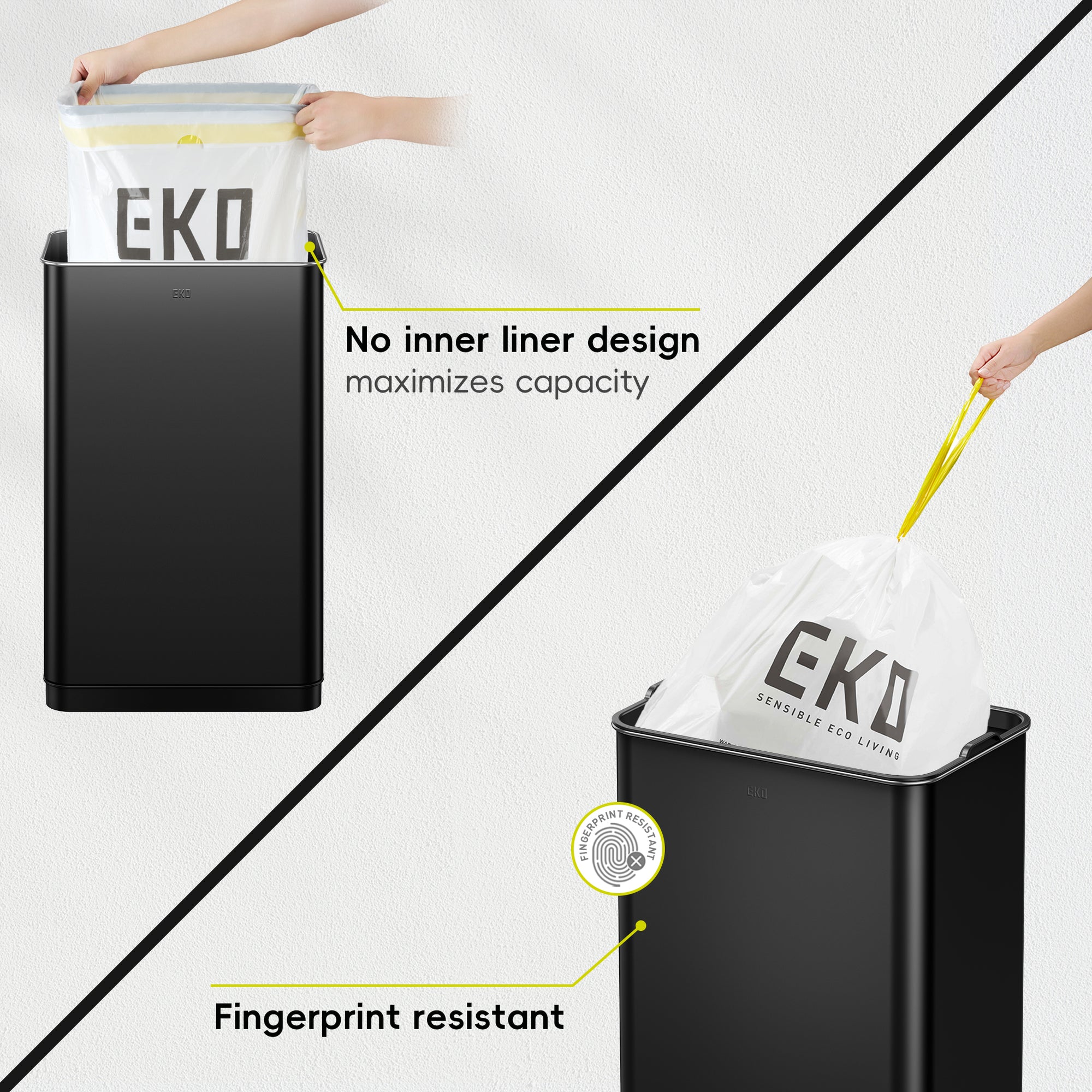 EKO Mirage-T  50Liter / 13.2 Gallon  Stainless Steel Motion Sensor Trash Can - Matte Black – No inner liner design - Fingerprint resistant