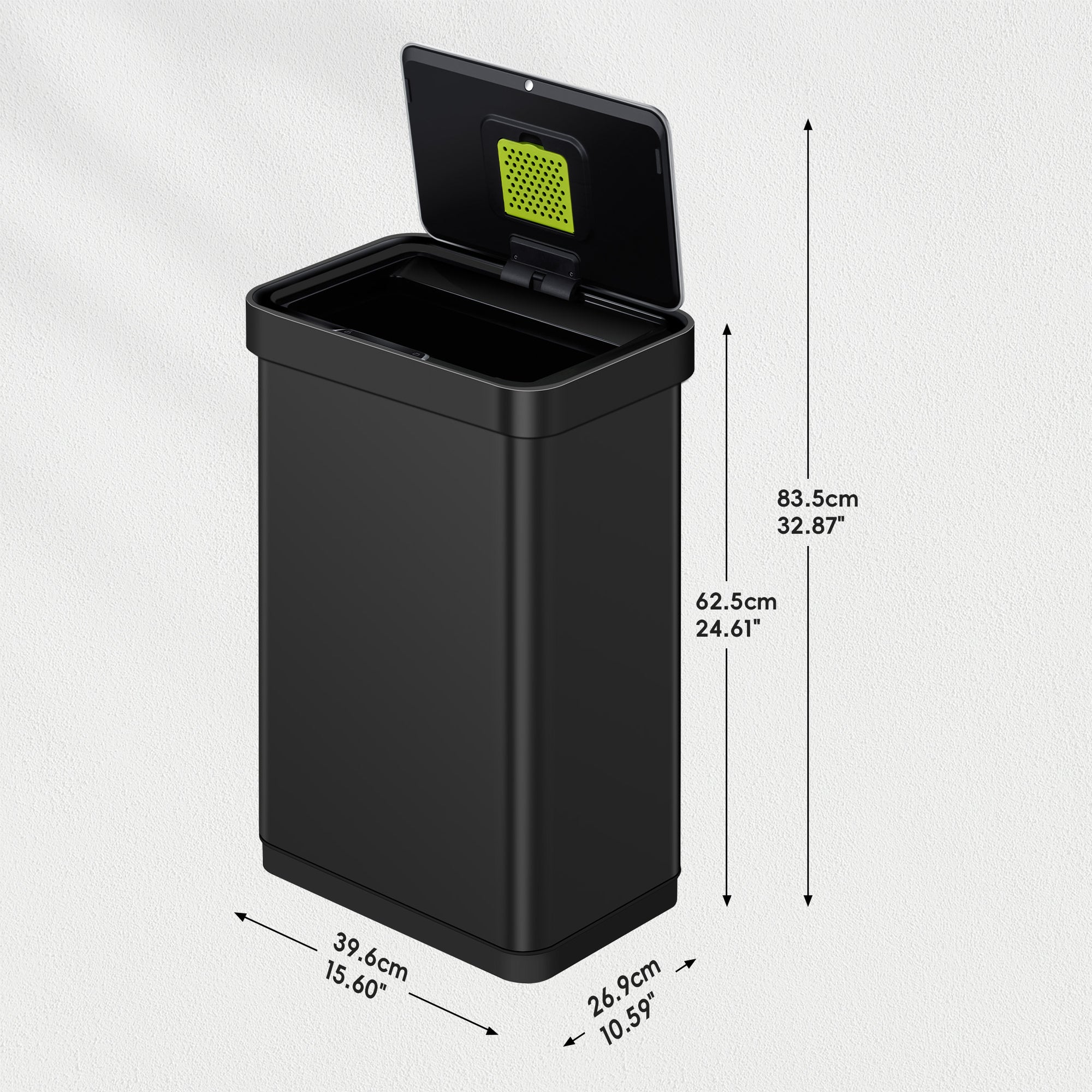 EKO Deluxe Mirage-T Sensor Can - 50L / 13.2 Gal, Matte Black – Dimensions
