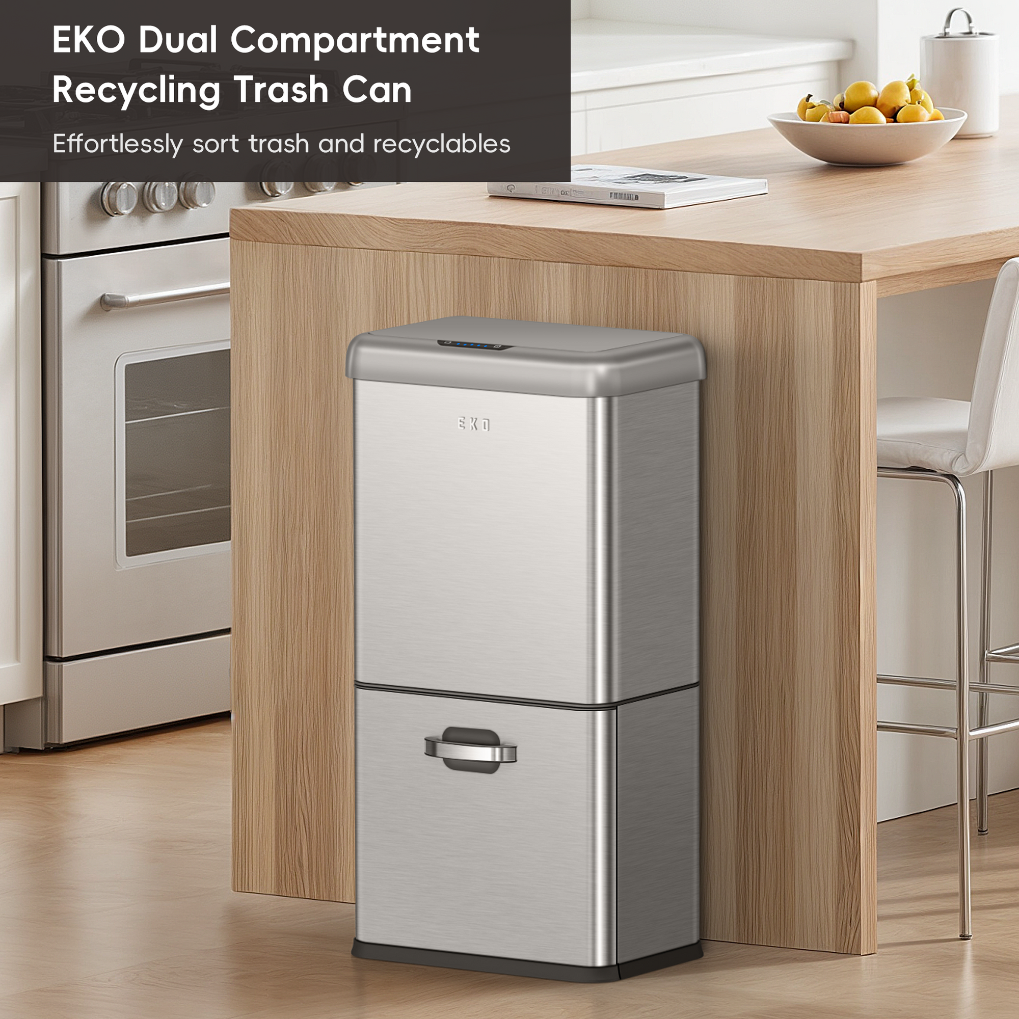 EKO Vintage Dual Compartment 32L + 18L Stainless Steel Motion Sensor Trash Can – Effortlessly sort trash and recyclables