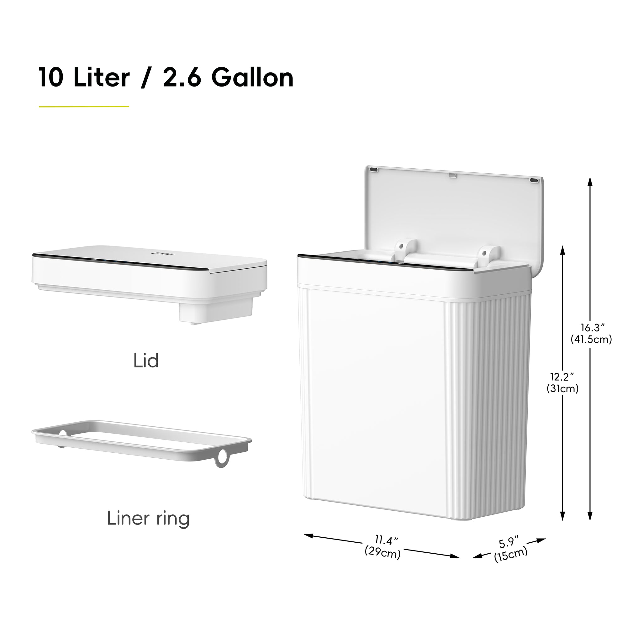 EKO Brio 10L / 2.6 Gallon in White Compact Design Motion Sensor Trash Can – Dimensions