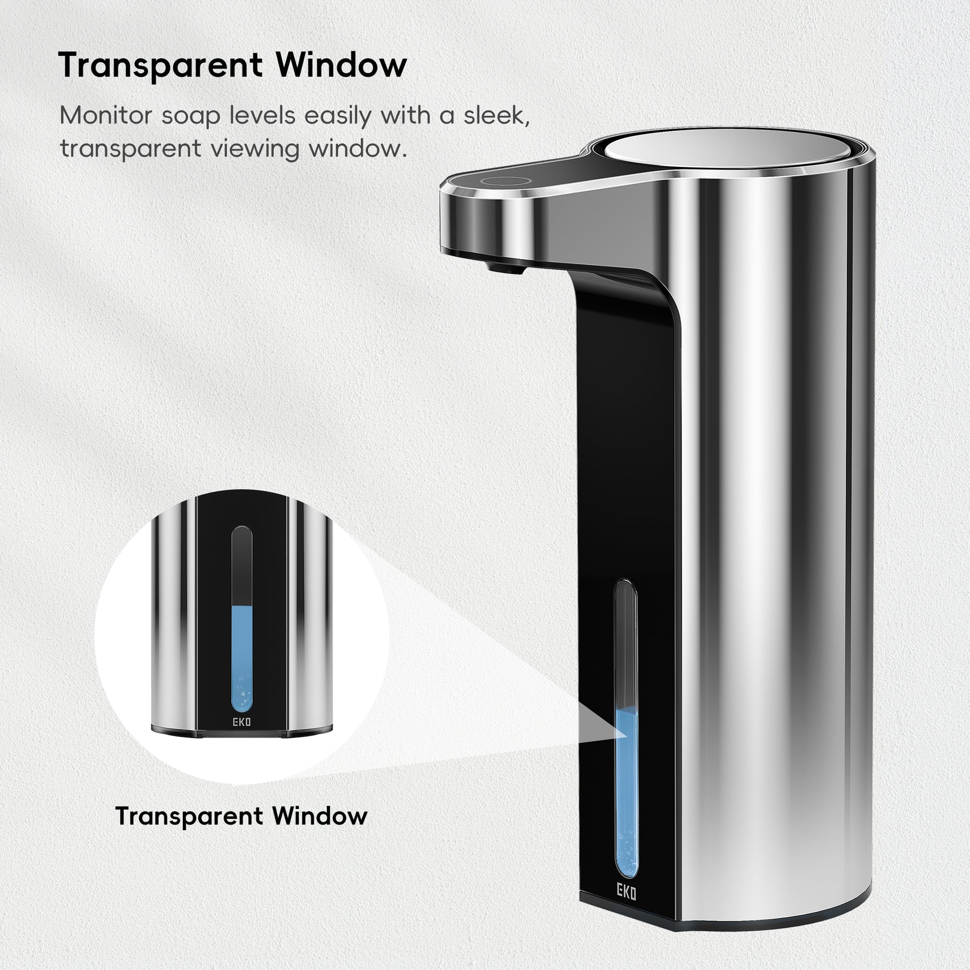 EKO Aroma Smart Liquid Soap Dispenser - Chrome Metallic – Transparent Window - Monitor soap levels easily with a sleek, transparent viewing window