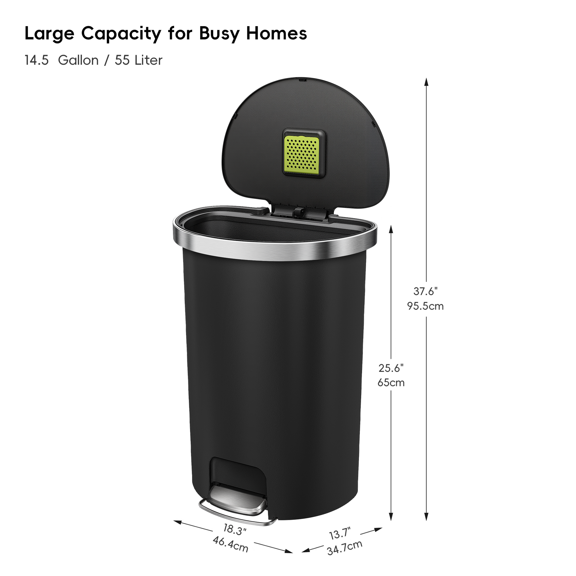 EKO HANA Semi-Round 55L/ 14.5 Gallon Plastic Resin Step Kitchen Trash Can-Black – Large Capacity for Busy Homes