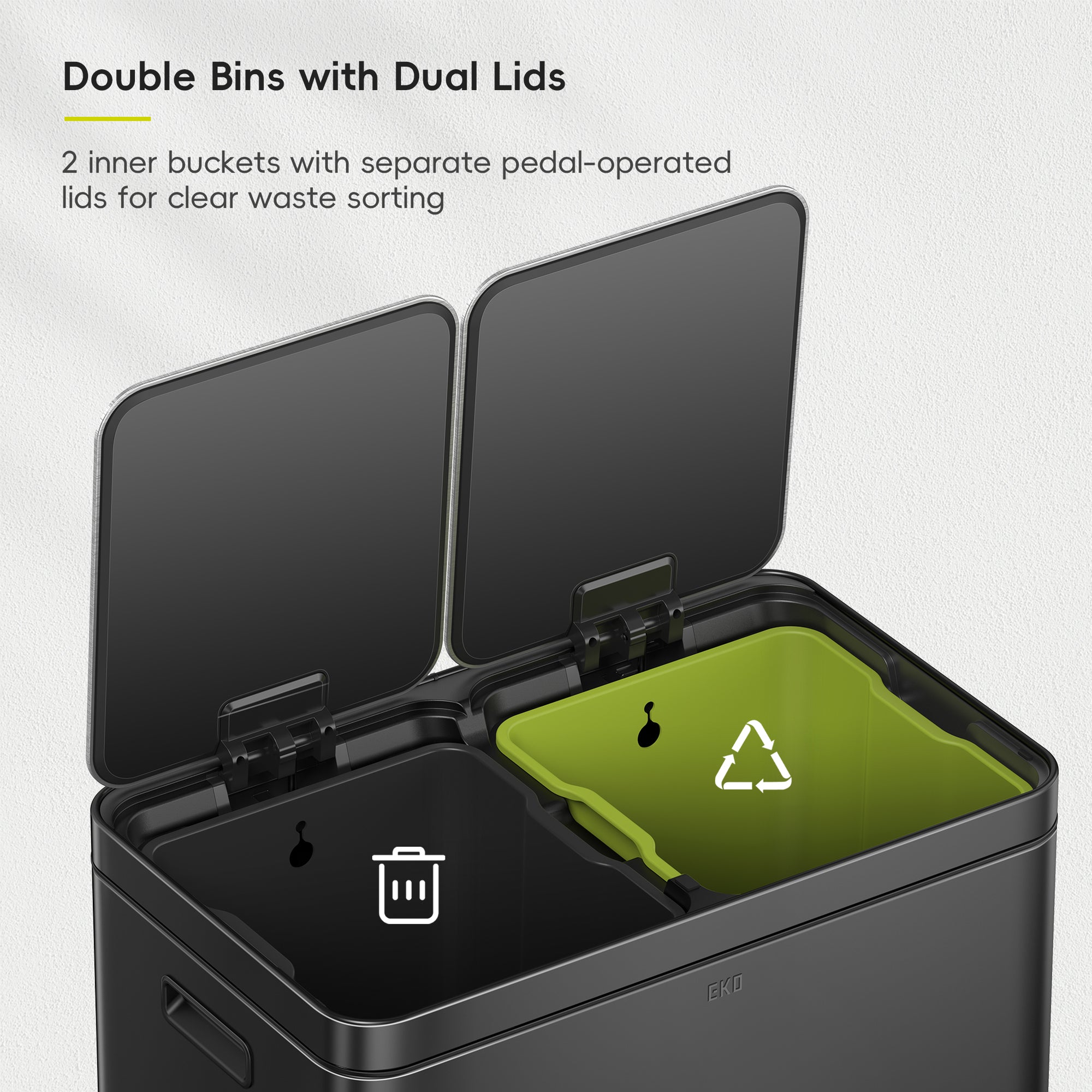 EKO Edison 8+8 Gallon Dual Kitchen Trash Can with Removable Inner Liners-Matte Black – Double Bins with Dual Lids