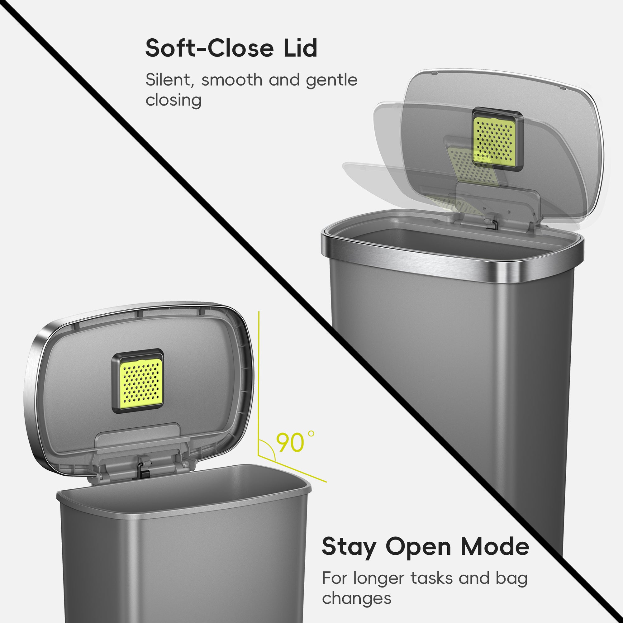 EKO trash can illustrating Silent Soft-Close Lid and Stay Open Mode.