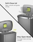 EKO trash can illustrating Silent Soft-Close Lid and Stay Open Mode.