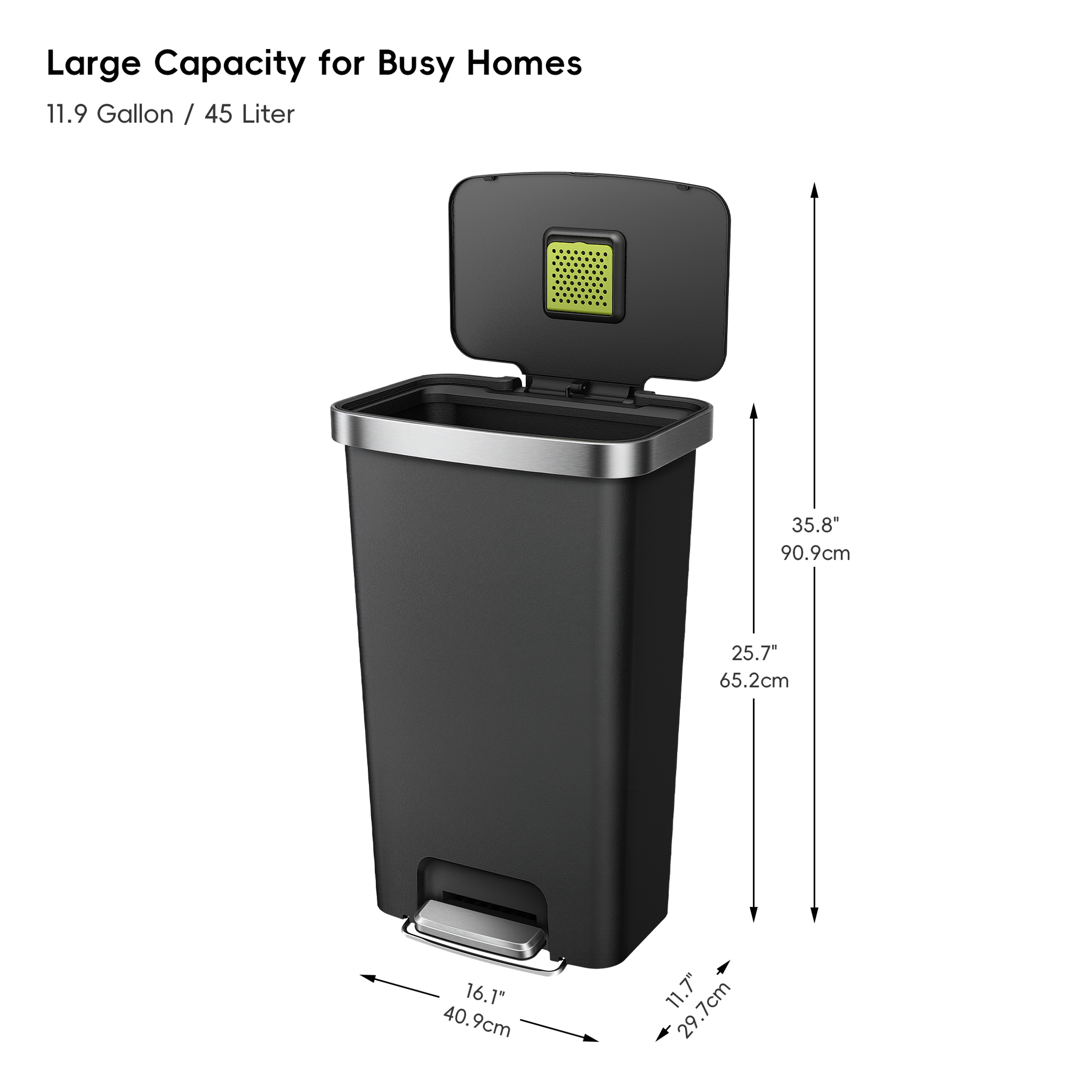 EKO HANA 45L/ 11.9 Gallon Plastic Resin Step Kitchen Trash Can-Black – Large Capacity for Busy Homes