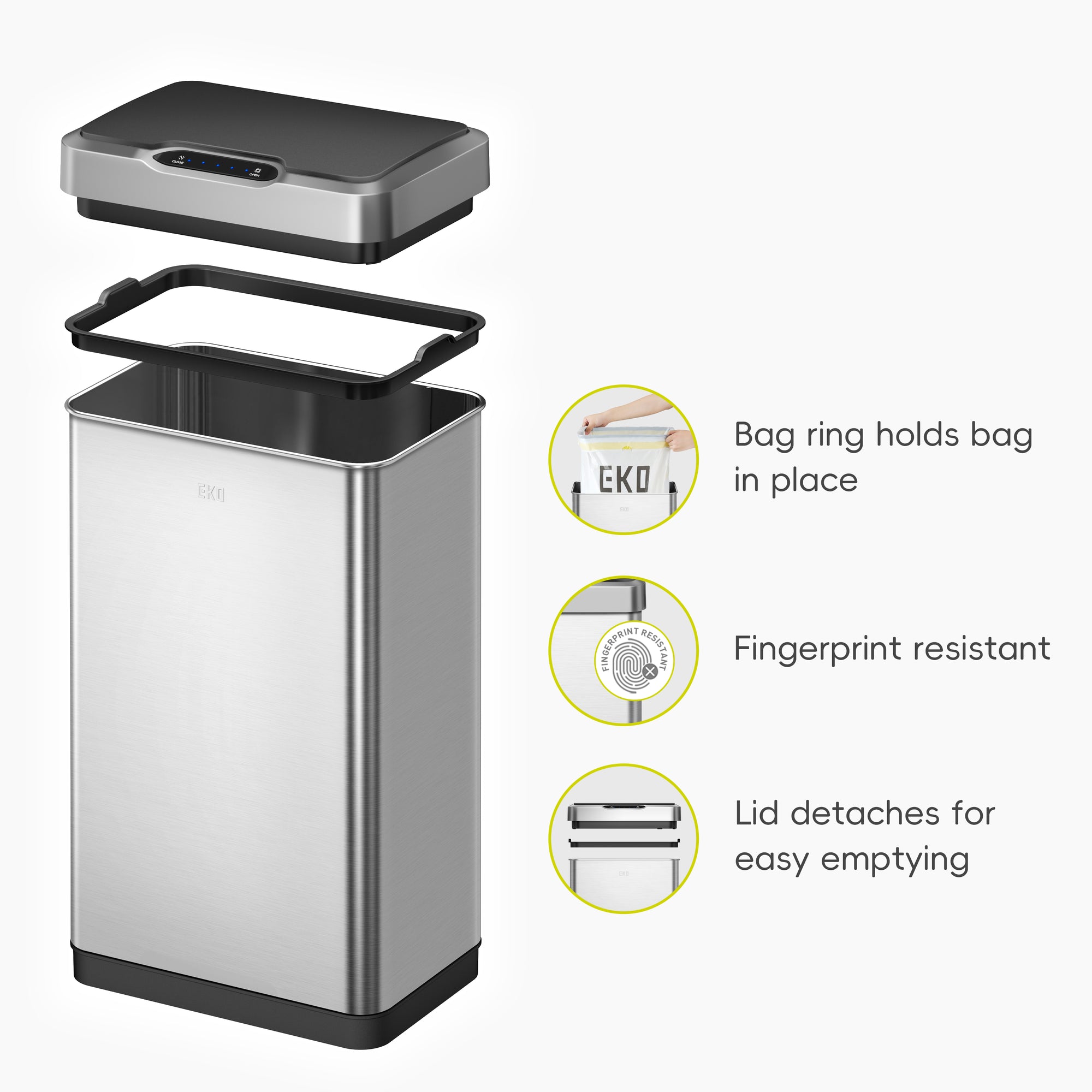 EKO Mirage-T 50 Liter / 13.2 Gallon Stainless Steel Motion Sensor Can – Bag ring holds bag in place - Fingerprint resistant - Lid detaches for easy emptying