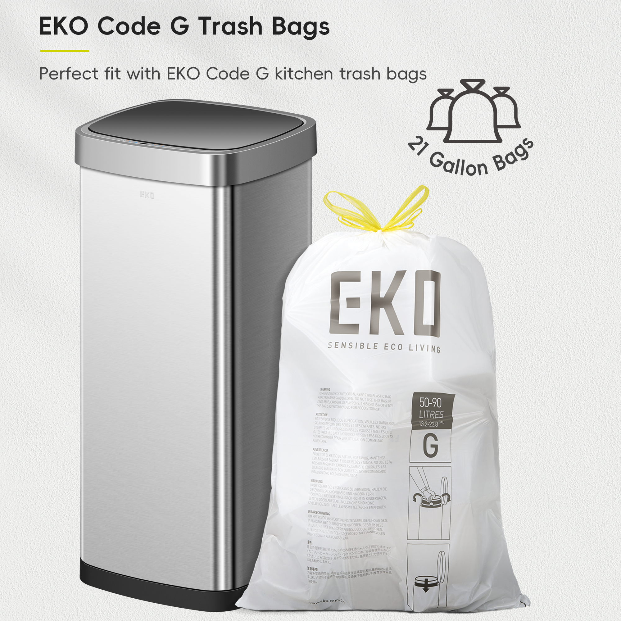 EKO Ecosmart Sensor Can - 80L / 21.1 Gal Tall and Large Kitchen Trash Can – Perfect fit with EKO Code G kitchen trash bags