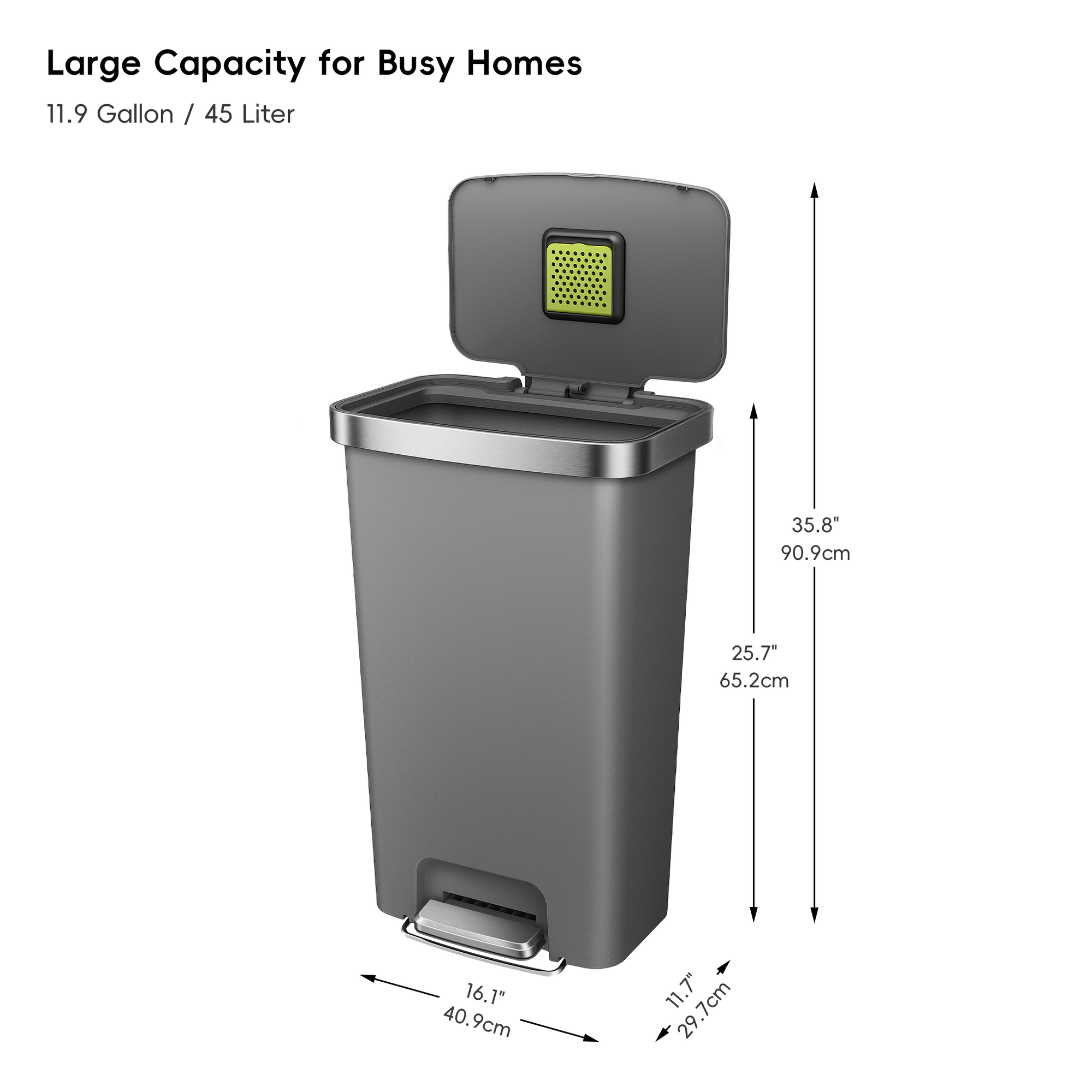 EKO HANA 45L/ 11.9 Gallon Plastic Resin Step Kitchen Trash Can-Gray – Large Capacity for Busy Homes