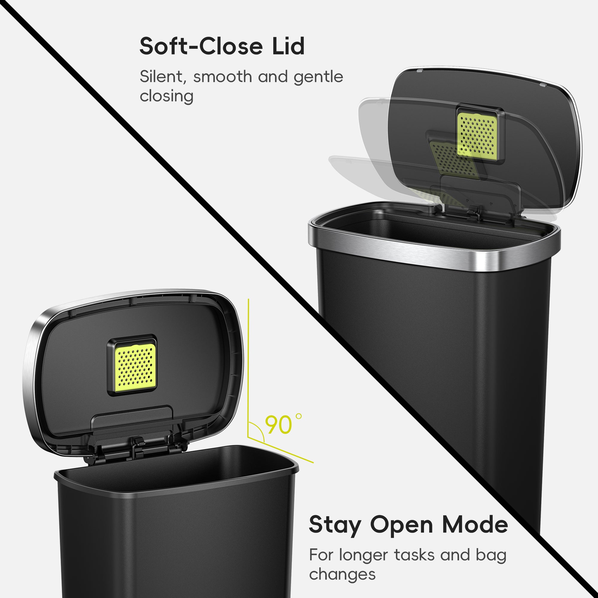 EKO trash can illustrating Silent Soft-Close Lid and Stay Open Mode.