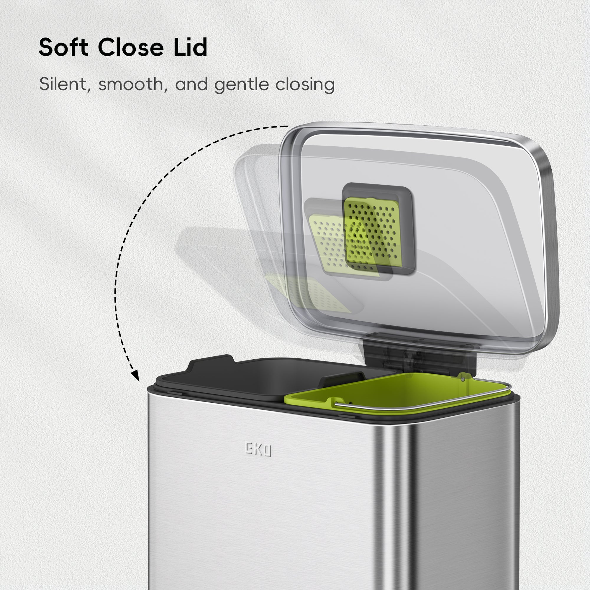 EKO Madison 25L+20L Dual Compartment Step Trash Can - Brushed Stainless – Soft Close Lid - Silent, smooth, and gentle closing