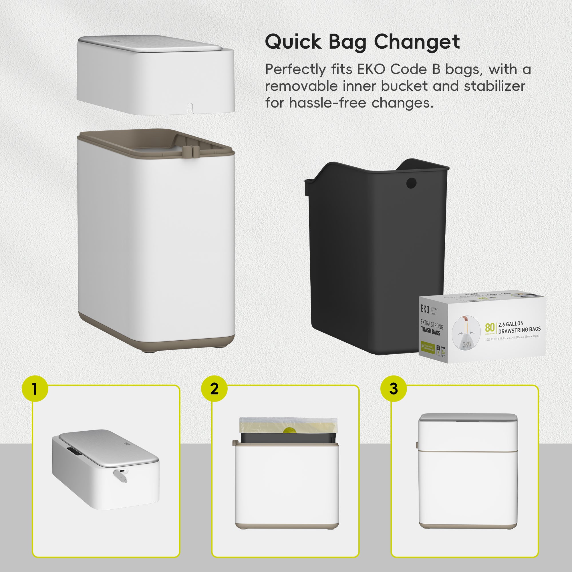 EKO Bono Sensor Bathroom Trash Can with Lid - 8L/2.1 Gallon - White – Quick Bag Change - Perfectly fits EKO Code B bags, with a removable inner bucket and stabilizer for hassle-free changes