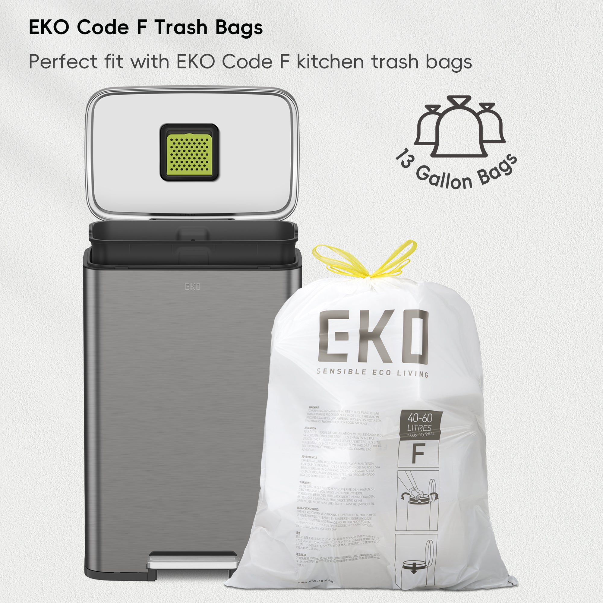 EKO Madison Gunmetal Steel 50 Liter/13.2 Gallon Step Trash Can with Inner Liner – Perfect fit with EKO Code F kitchen trash bags