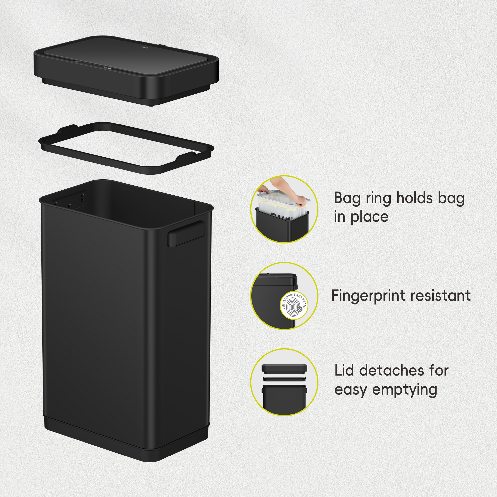 EKO Deluxe Mirage-T Sensor Can - 50L / 13.2 Gal, Matte Black – Bag ring holds bag in place – Fingerprint resistant – Lid detaches for easy emptying