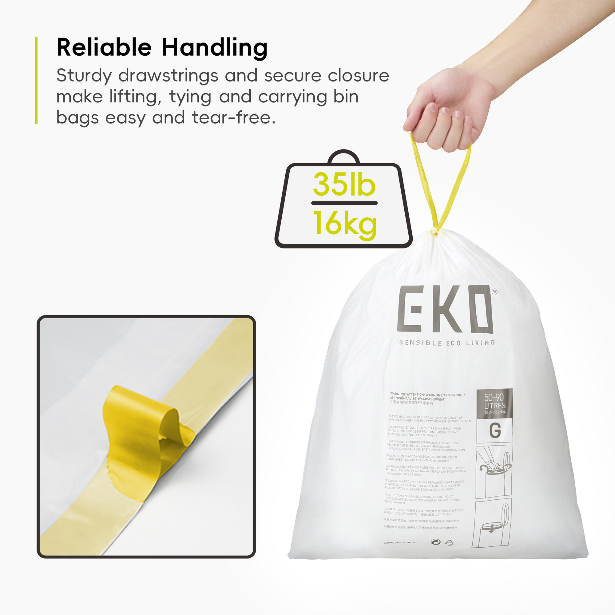 White EKO bin bag with yellow drawstring
