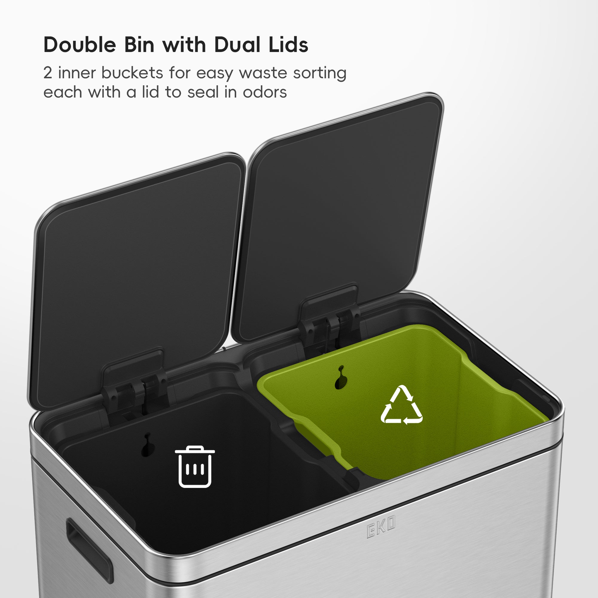 EKO Edison Dual Kitchen Trash Can 8+8 Gallons with Dual Removable Inner Liners – Double Bin with Dual Lids