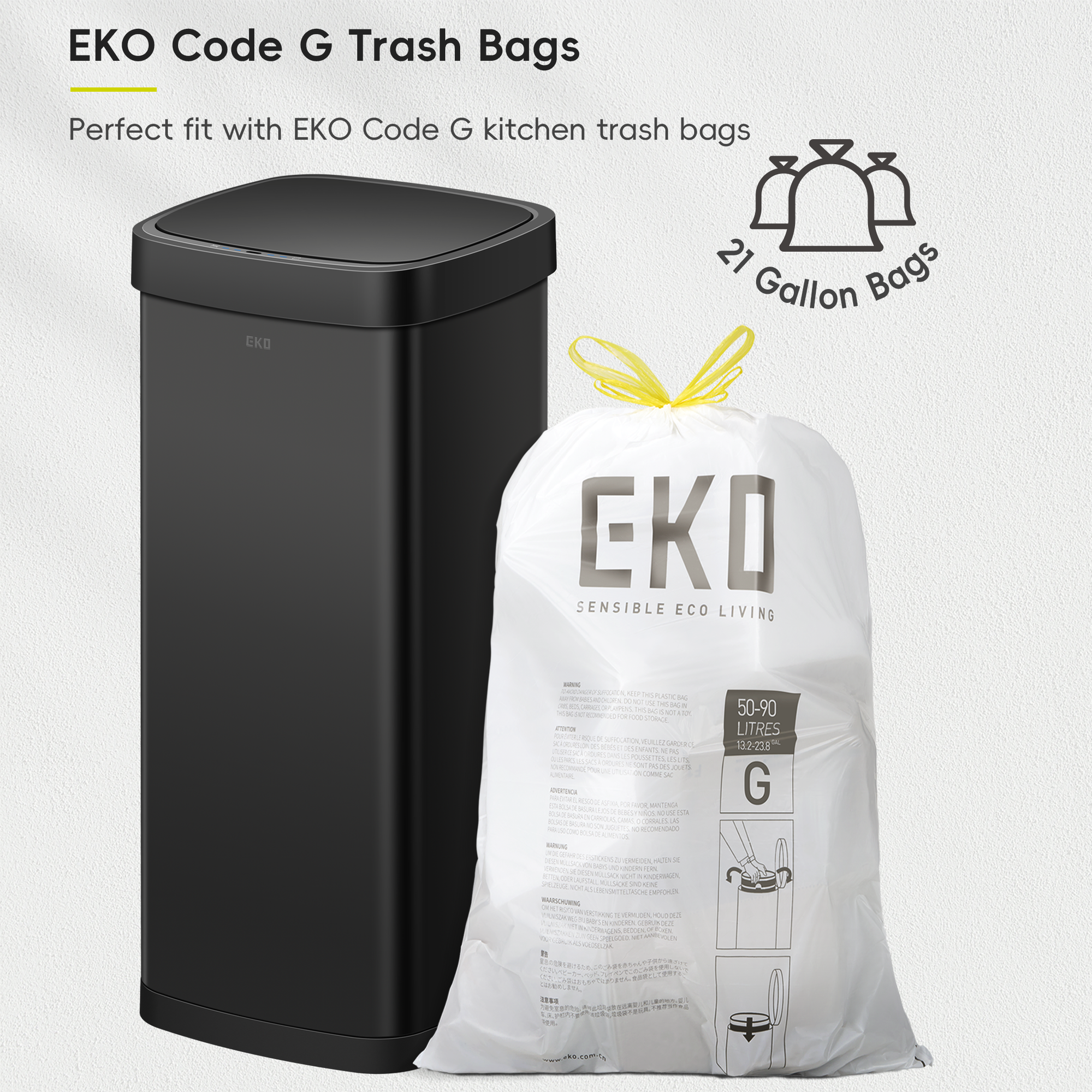EKO EcoSmart 80L / 21.1 Gallon Motion Sensor Trash Can – Tall, Large Touchless Automatic Kitchen Garbage Bin-Matte Black – EKO Code G Trash Bags