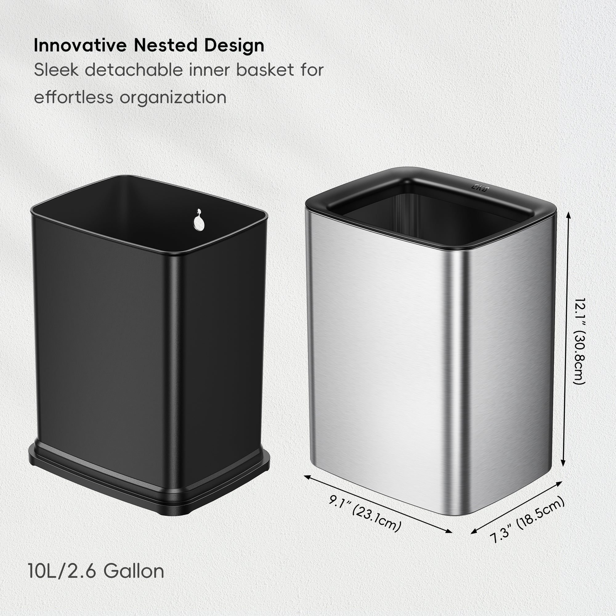 EKO Laguna 2.6 Gallon/10L Open Top Trash Can with Removable Inner Basket - Matte Stainless Steel – Innovative Nested Design