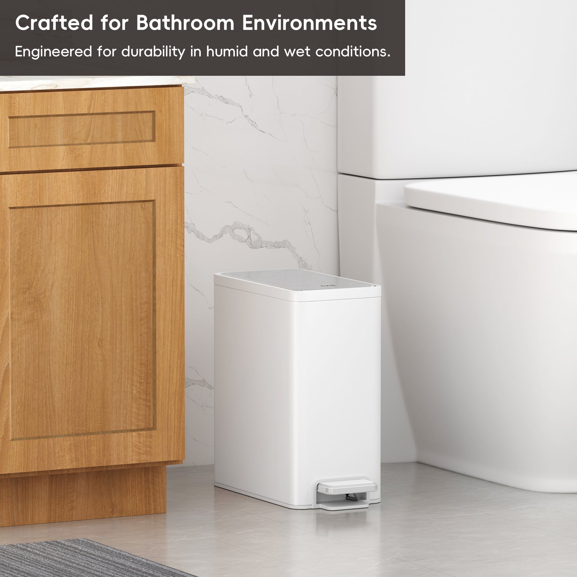 EKO EcoCasa II Slim Step Can with Liner 6L / 1.6 Gal Matte White Trash Can – Crafted for Bathroom Environments - Engineered for durability in humid and wet conditions