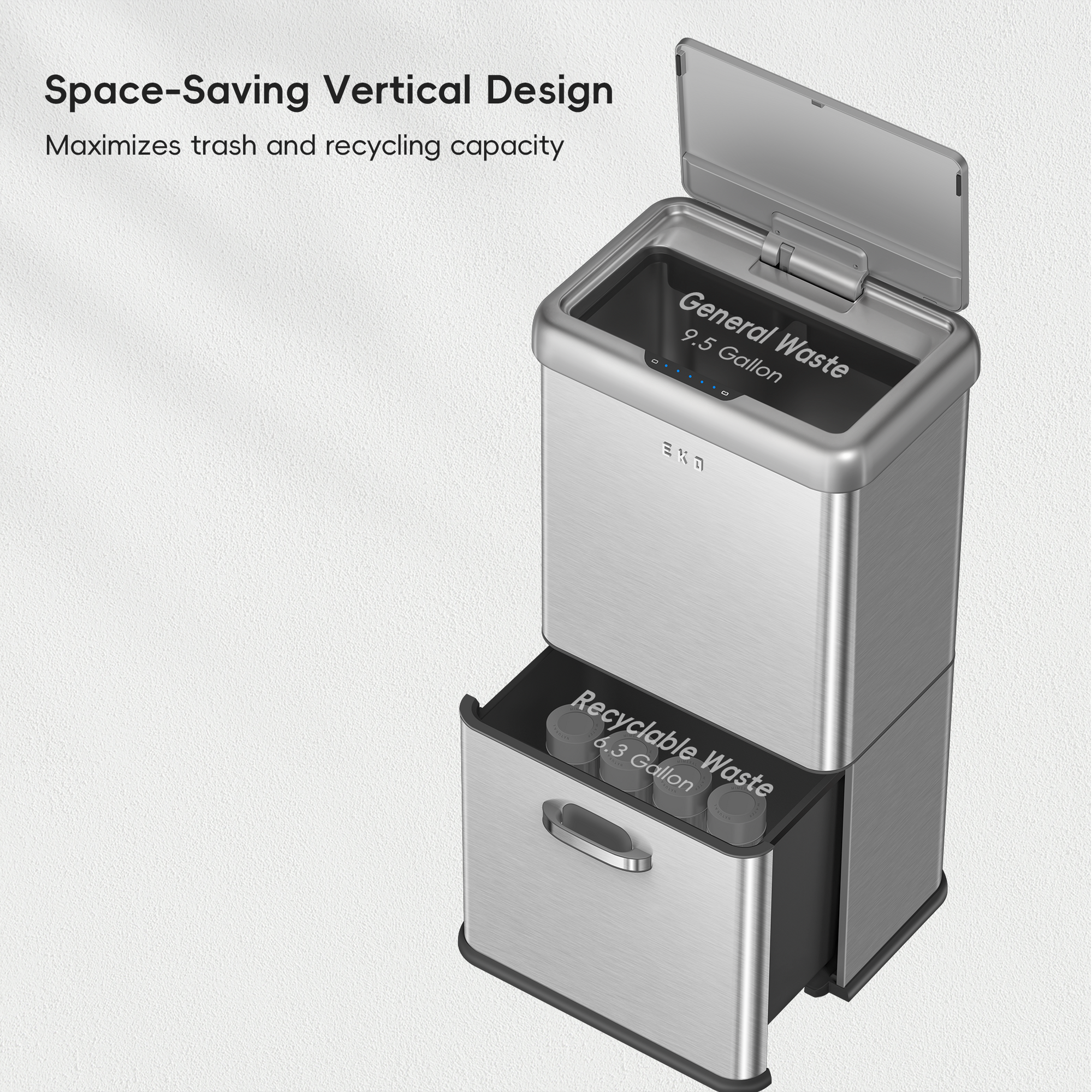 EKO Vintage Dual Compartment 32L + 18L Stainless Steel Motion Sensor Trash Can – Space-Saving Vertical Design - Maximizes trash and recycling capacity