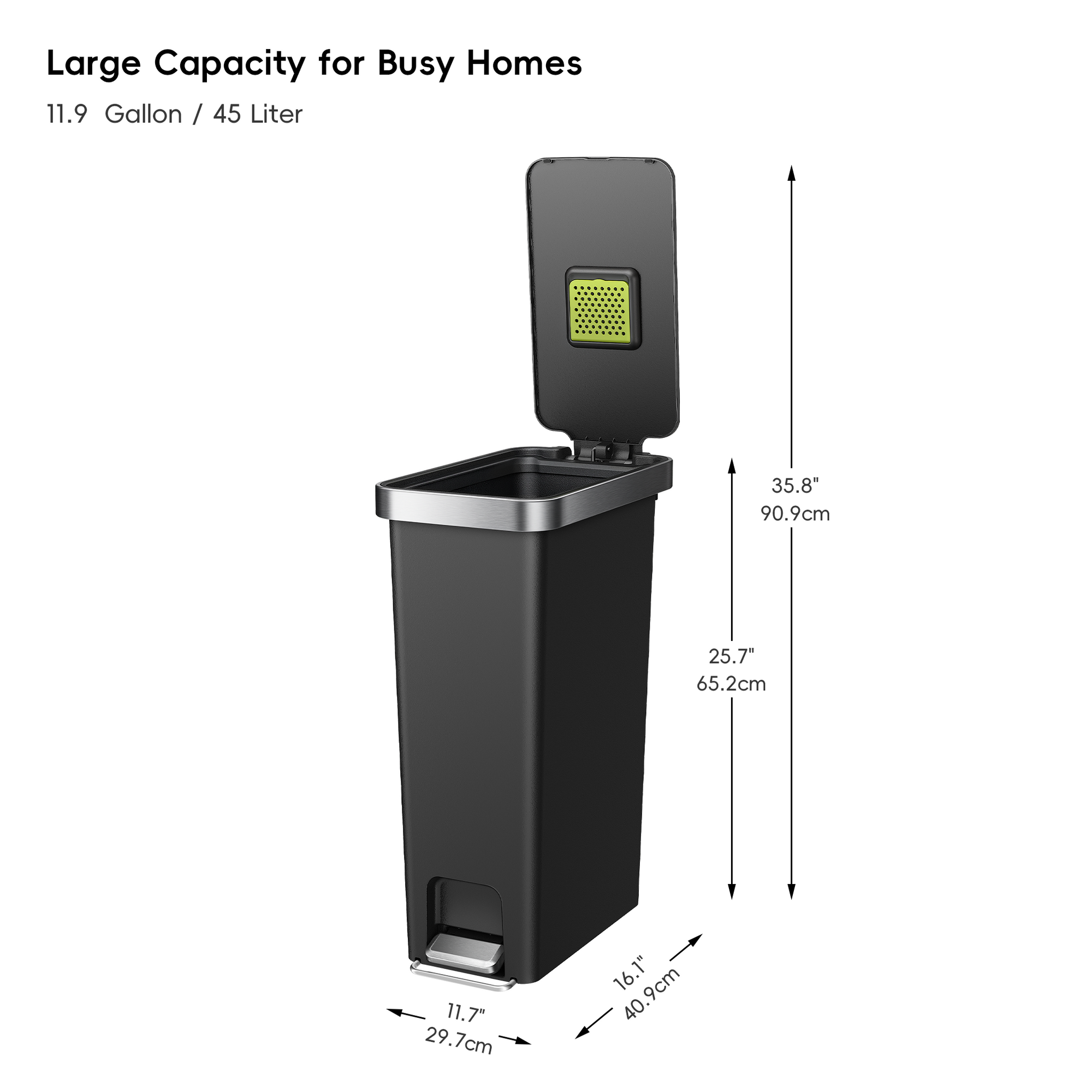 EKO HANA Slim 40L/ 10.5 Gallon Plastic Resin Step Kitchen Trash Can-Black – Large Capacity for Busy Homes