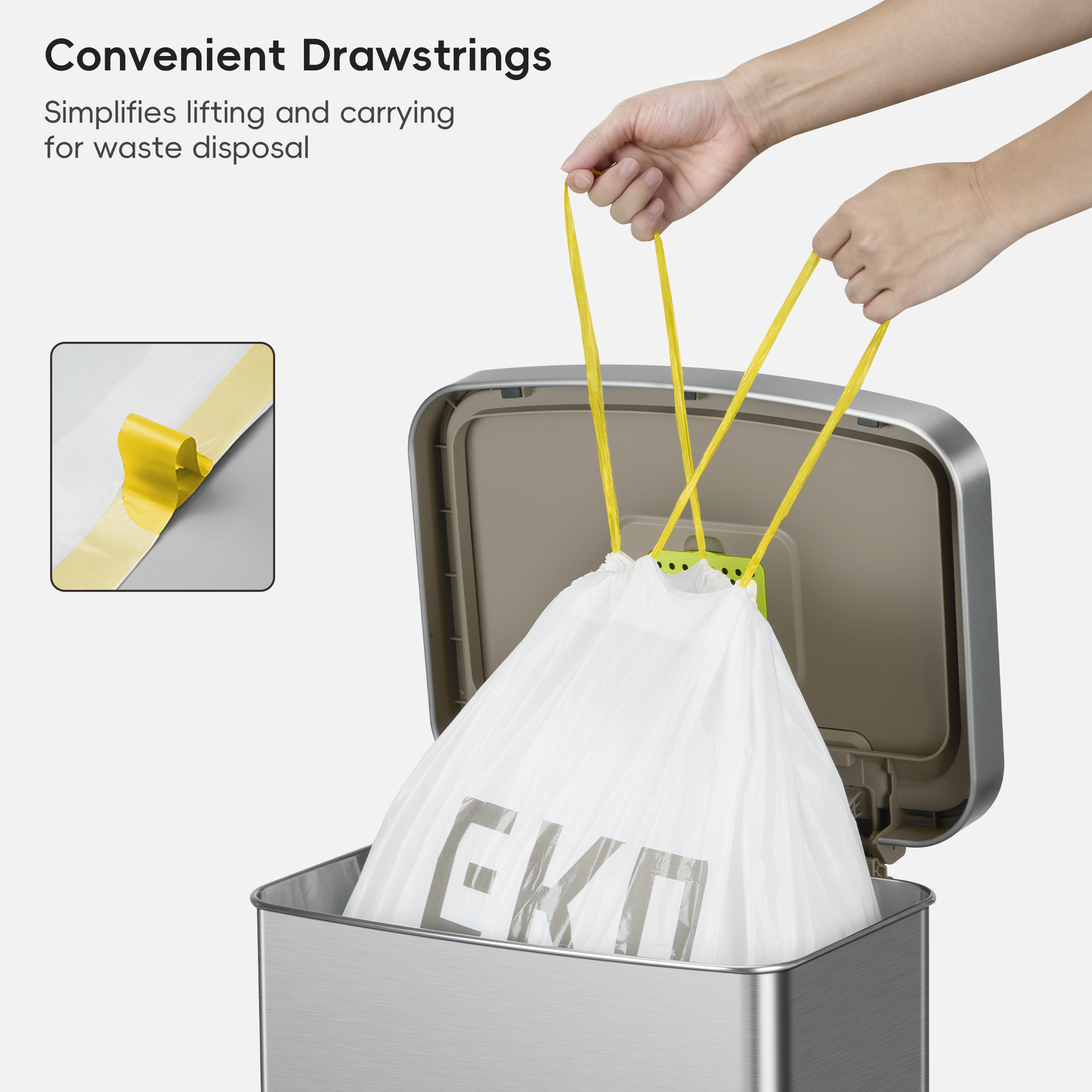 Text reads: "Convenient Drawstrings," and "Simplifies lifting and carrying for waste disposal." Hands pull yellow drawstrings from a white bag printed with "ЕКО," which hangs from a stainless steel waste disposal bin.