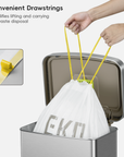 Text reads: "Convenient Drawstrings," and "Simplifies lifting and carrying for waste disposal." Hands pull yellow drawstrings from a white bag printed with "ЕКО," which hangs from a stainless steel waste disposal bin.