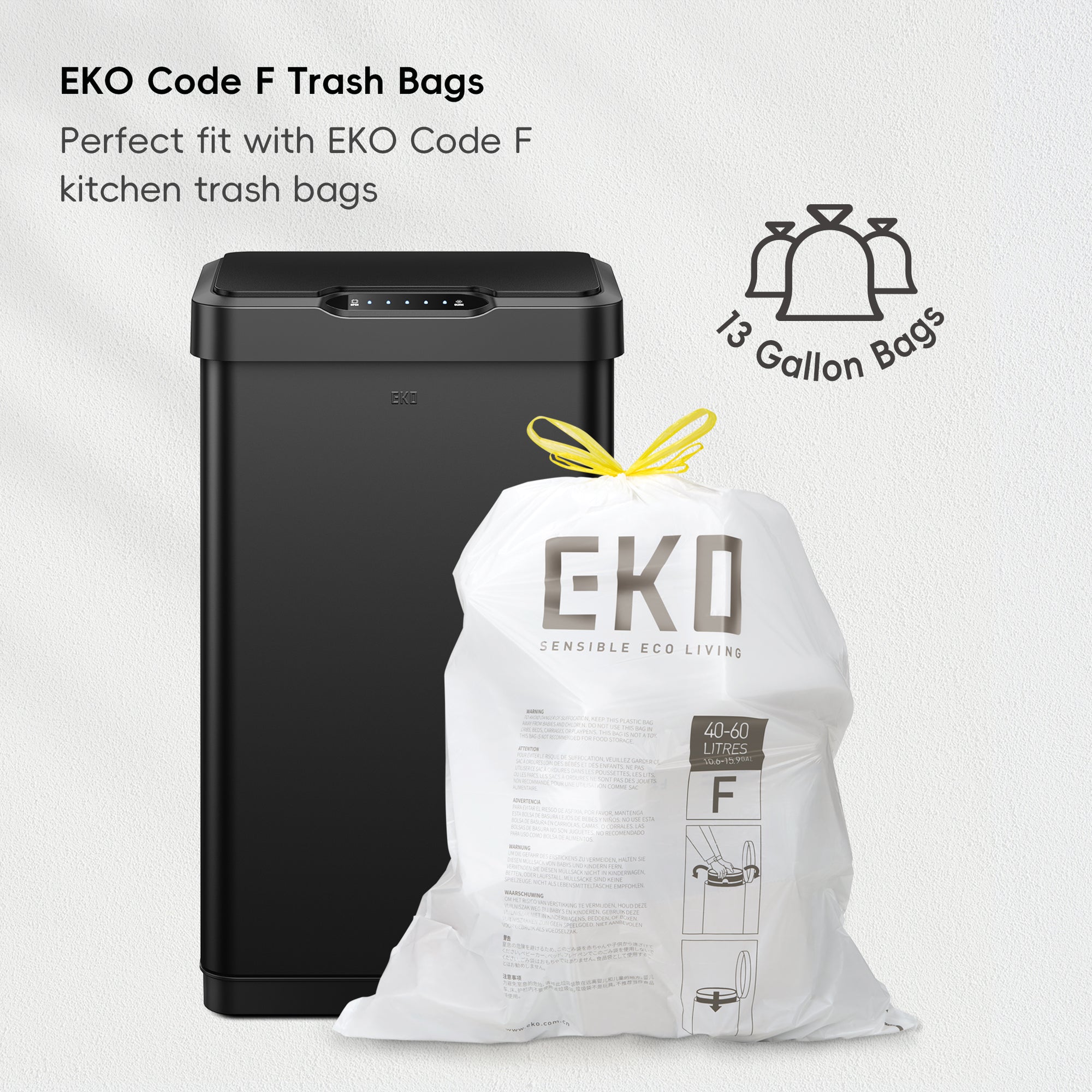 EKO Mirage-T  50Liter / 13.2 Gallon  Stainless Steel Motion Sensor Trash Can - Matte Black – Perfect fit with EKO Code F kitchen trash bags
