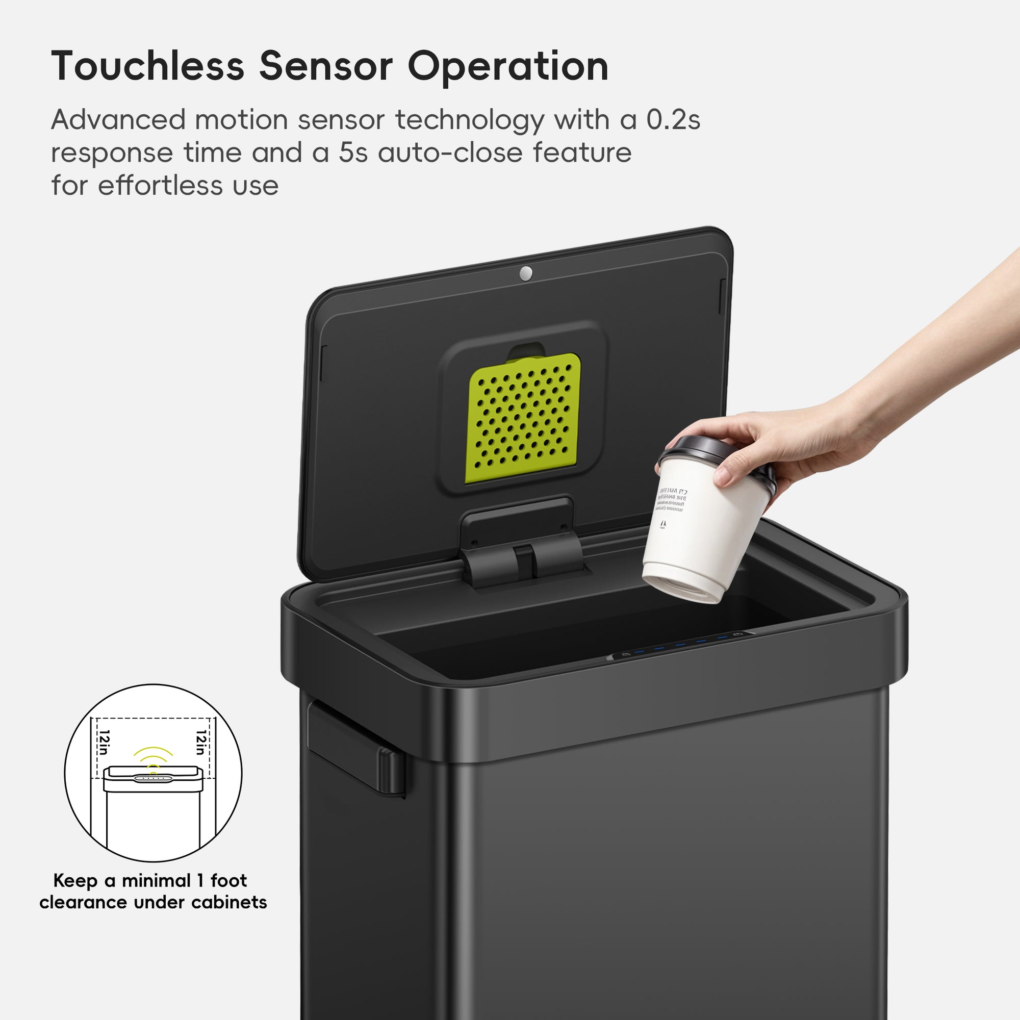 A hand places a paper cup into EKO trash can featuring a touchless sensor. Text reads: "Touchless Sensor Operation. Advanced motion sensor technology with a 0.2s response time and a 5s auto-close feature for effortless use. Keep a minimal 1 foot clearance under cabinets."