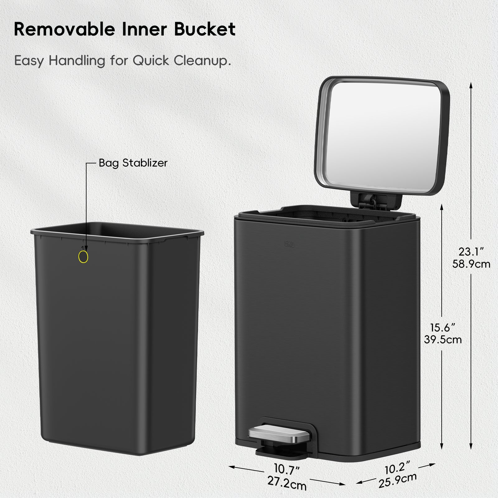 EKO Madison Step Trash Can With Liner - 12L / 3.2 Gal - Matte Black – Removable Inner Bucket - Easy Handling for Quick Cleanup
