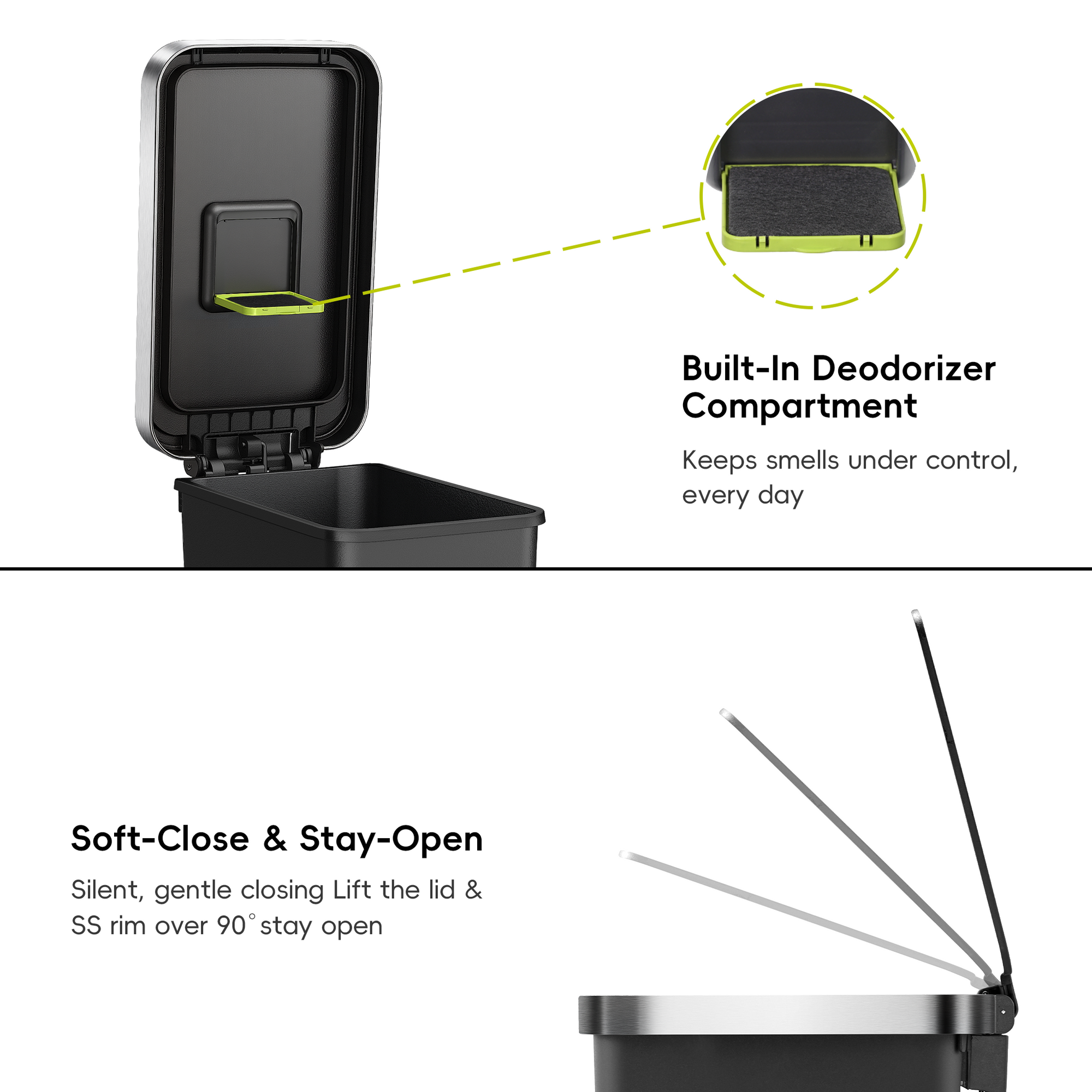 EKO HANA Slim 40L/ 10.5 Gallon Plastic Resin Step Kitchen Trash Can-Black – Built-In Deodorizer Compartment – Soft-Close & Stay-Open