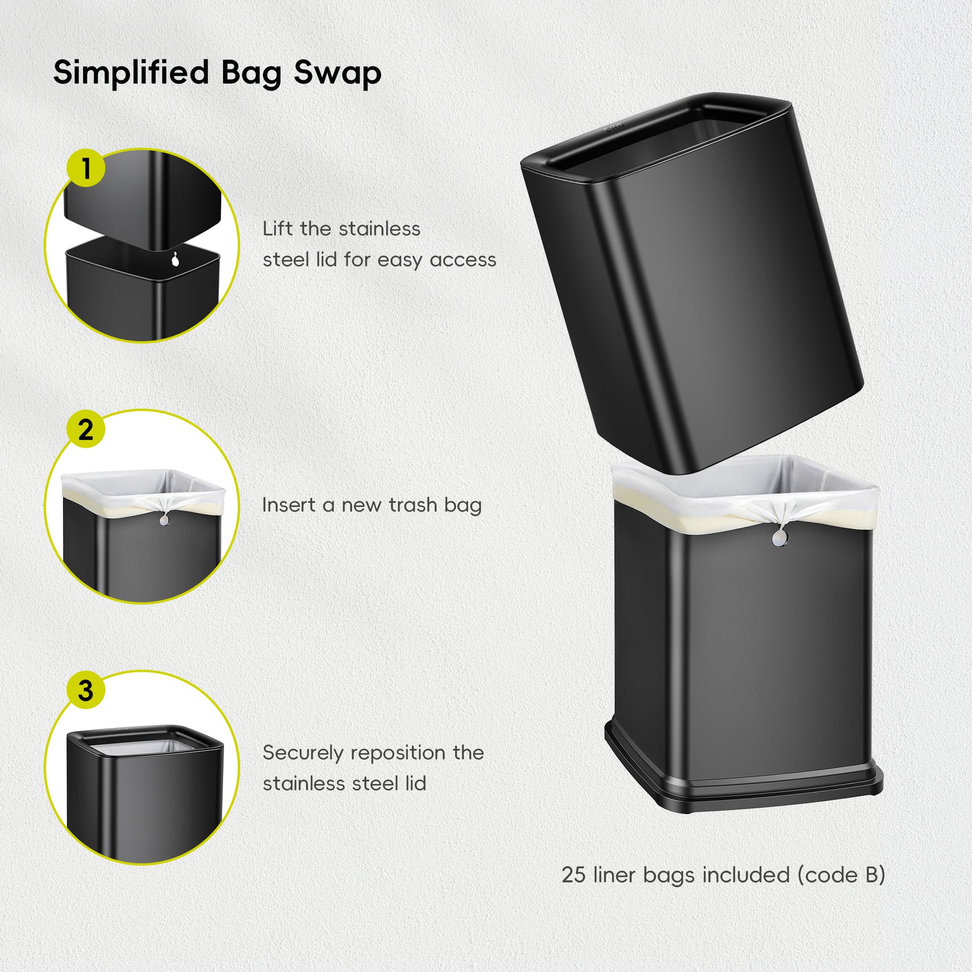 EKO Laguna 2.6 Gallon/10L Open Top Trash Can with Removable Inner Basket, Matte Black – Simplified Bag Swap