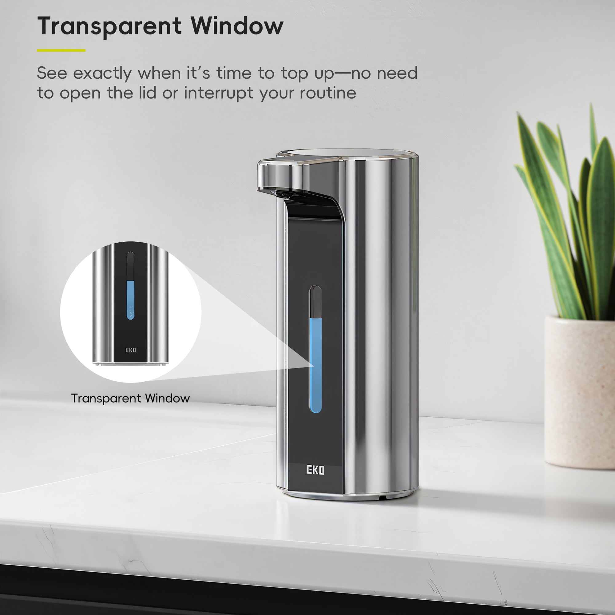 EKO Aroma Pro 13.5 fl oz Touchless Automatic Liquid Soap Dispenser-Chrome Metallic – Transparent Window