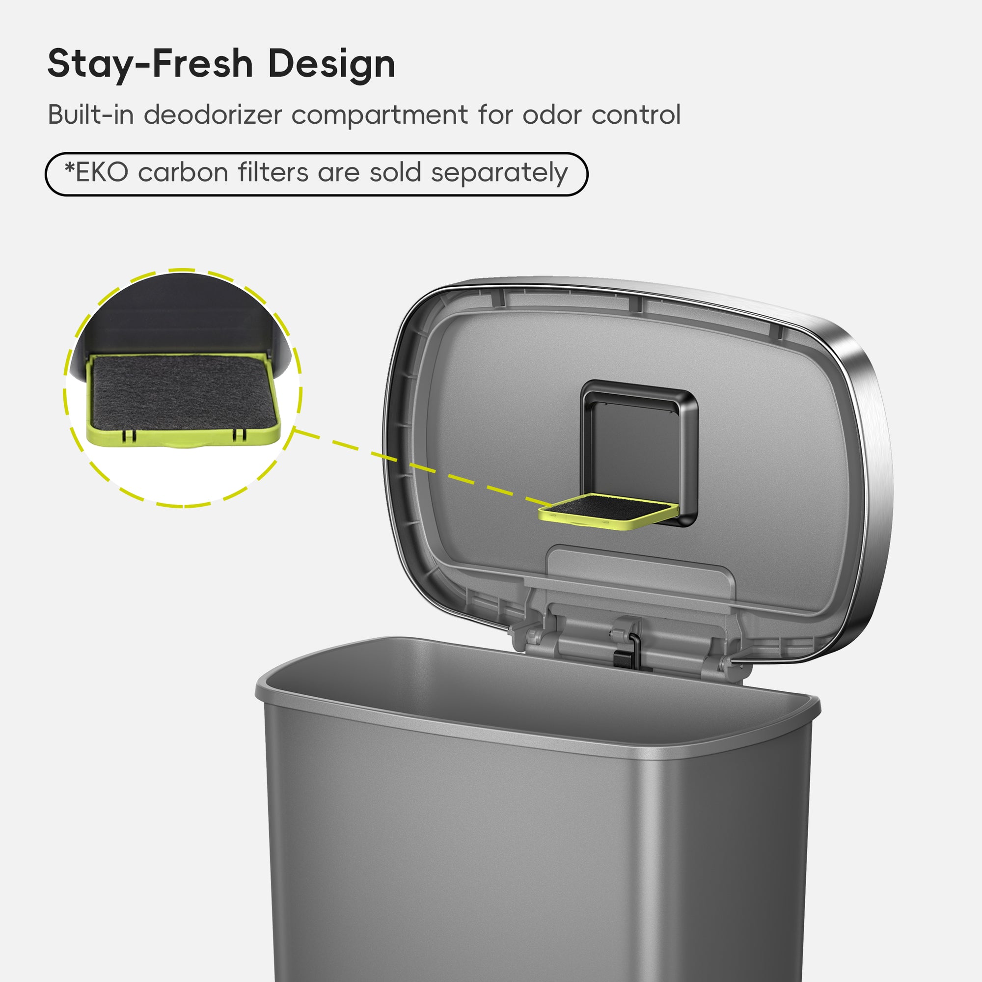 EKO Trash Can Featuring Stay-Fresh Design with Built-in deodorizer compartment for odor control.