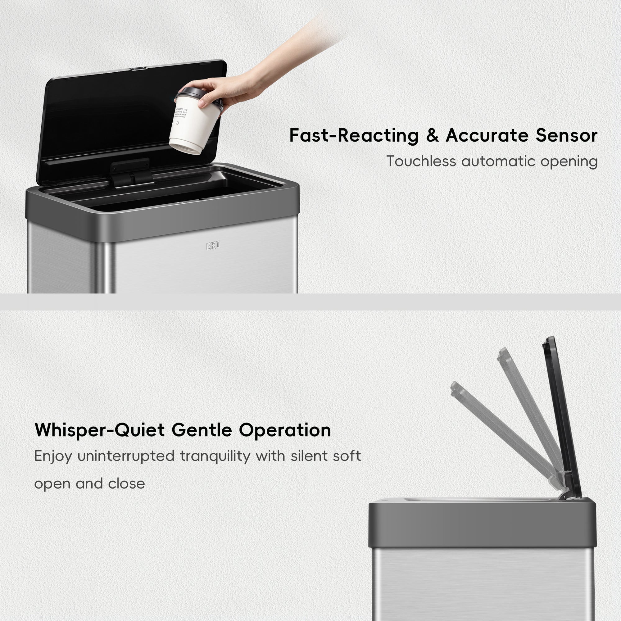 EKO Mirage-X Sensor Trash Can with Liner – 47Liter / 12.4 Gallon - Stainless Steel – Fast-Reacting & Accurate Sensor    - Whisper-Quiet Gentle Operation