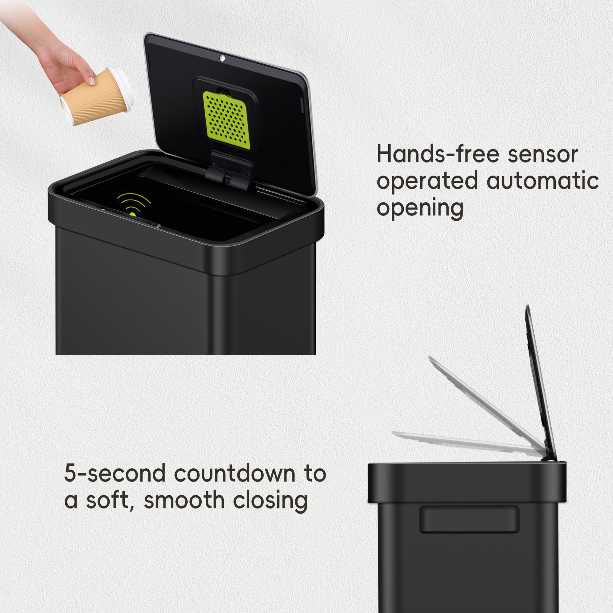 EKO Deluxe Mirage-T Sensor Can - 50L / 13.2 Gal, Matte Black – Hands—free sensor operated automatic opening