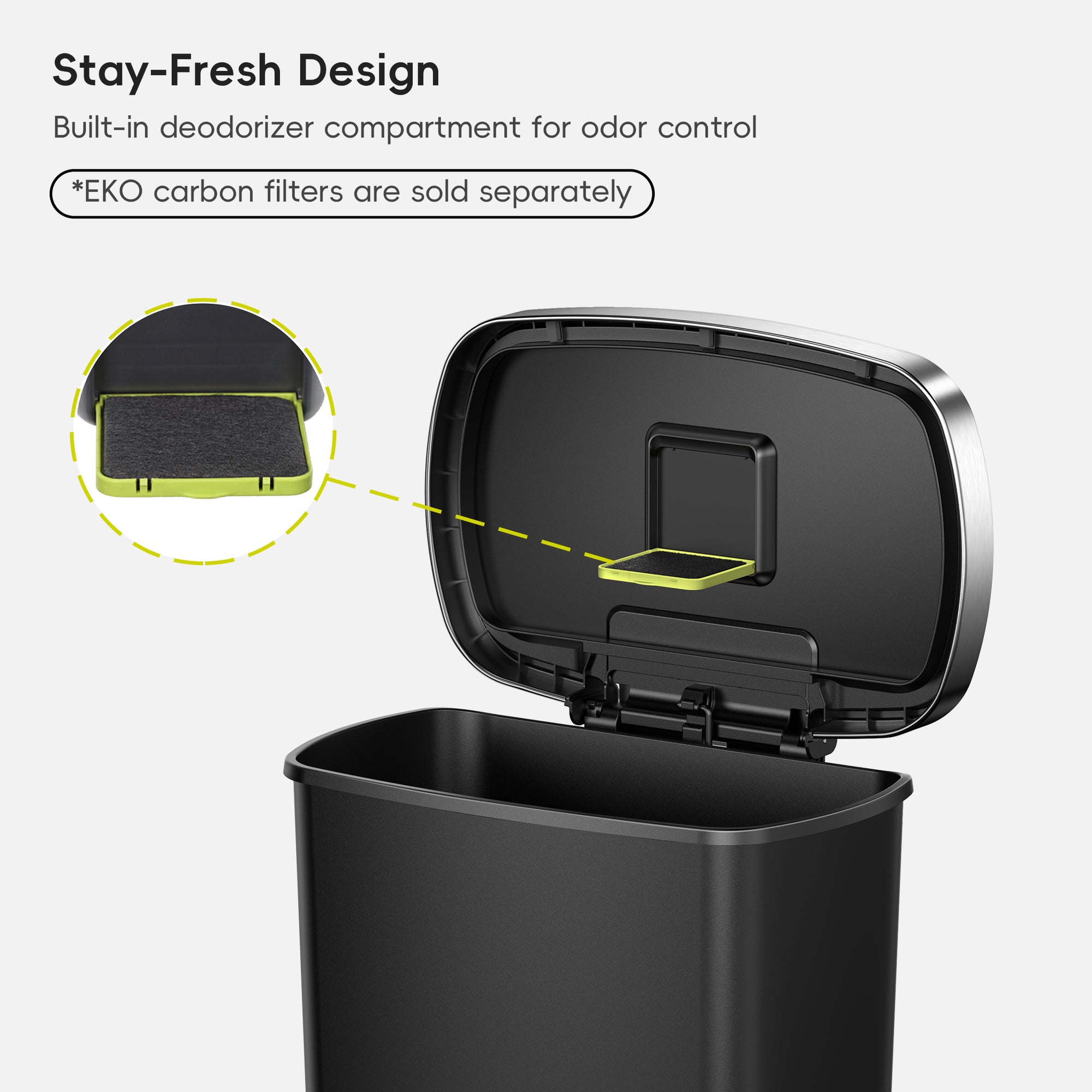 EKO Trash Can Featuring Stay-Fresh Design with Built-in deodorizer compartment for odor control.
