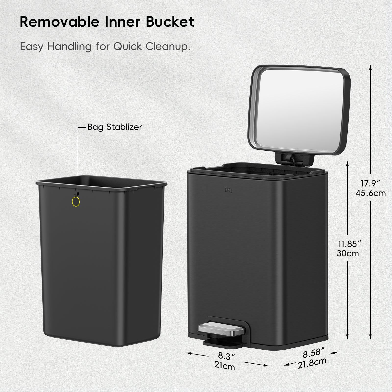 EKO Madison Step Trash Can With Liner - 6L / 1.6 Gal - Matte Black – Removable Inner Bucket
