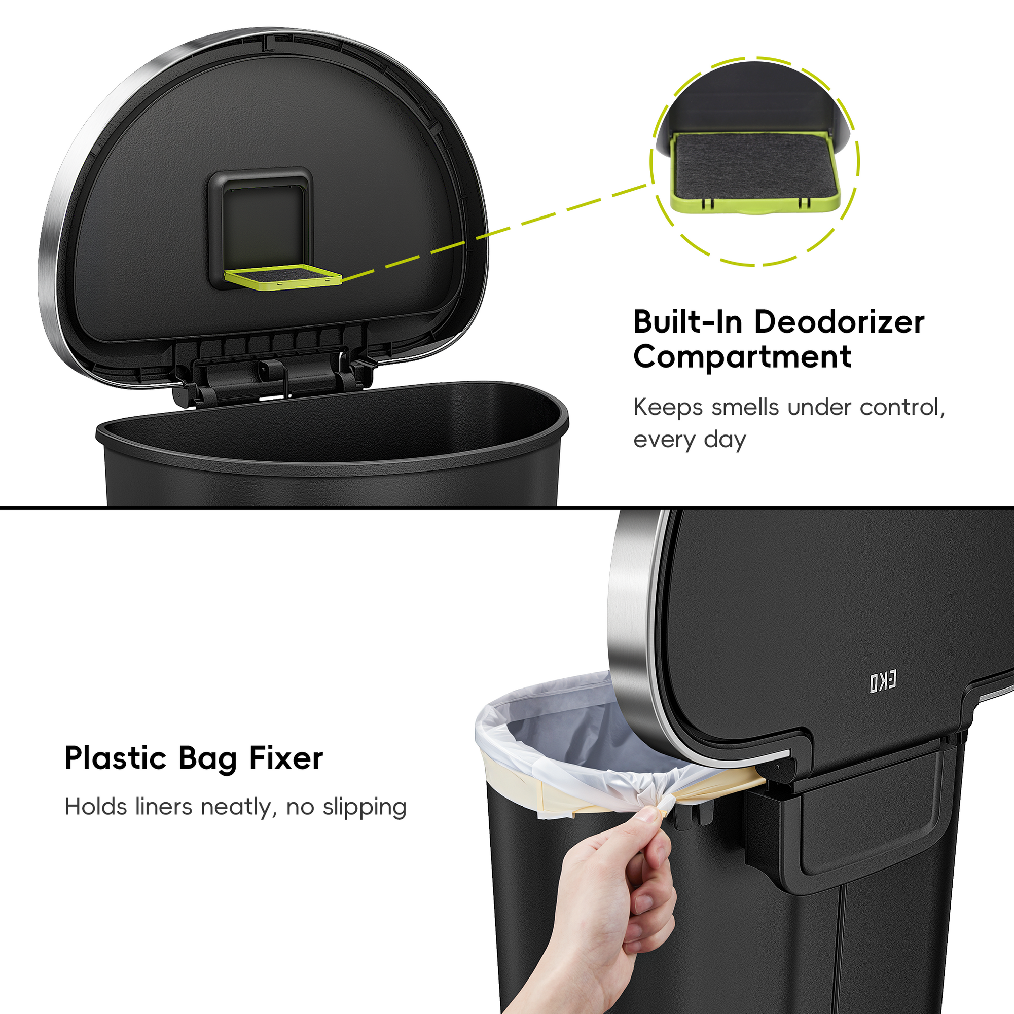 EKO HANA Semi-Round 55L/ 14.5 Gallon Plastic Resin Step Kitchen Trash Can-Black – Built-ln Deodorizer
Compartment – Plastic Bag Fixer