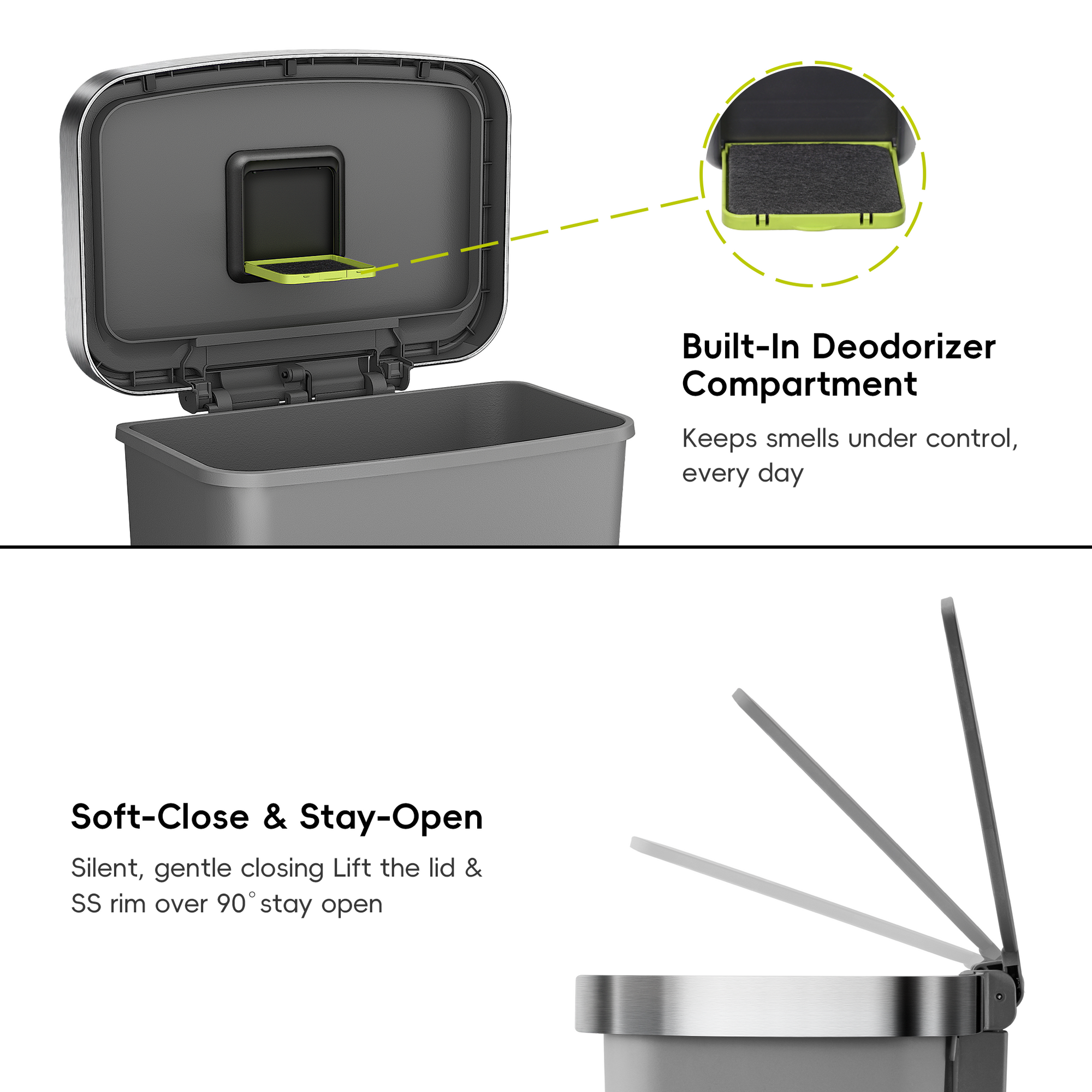 EKO HANA 45L/ 11.9 Gallon Plastic Resin Step Kitchen Trash Can-Gray – Built-ln Deodorizer Compartment – Soft-Close & Stay-Open