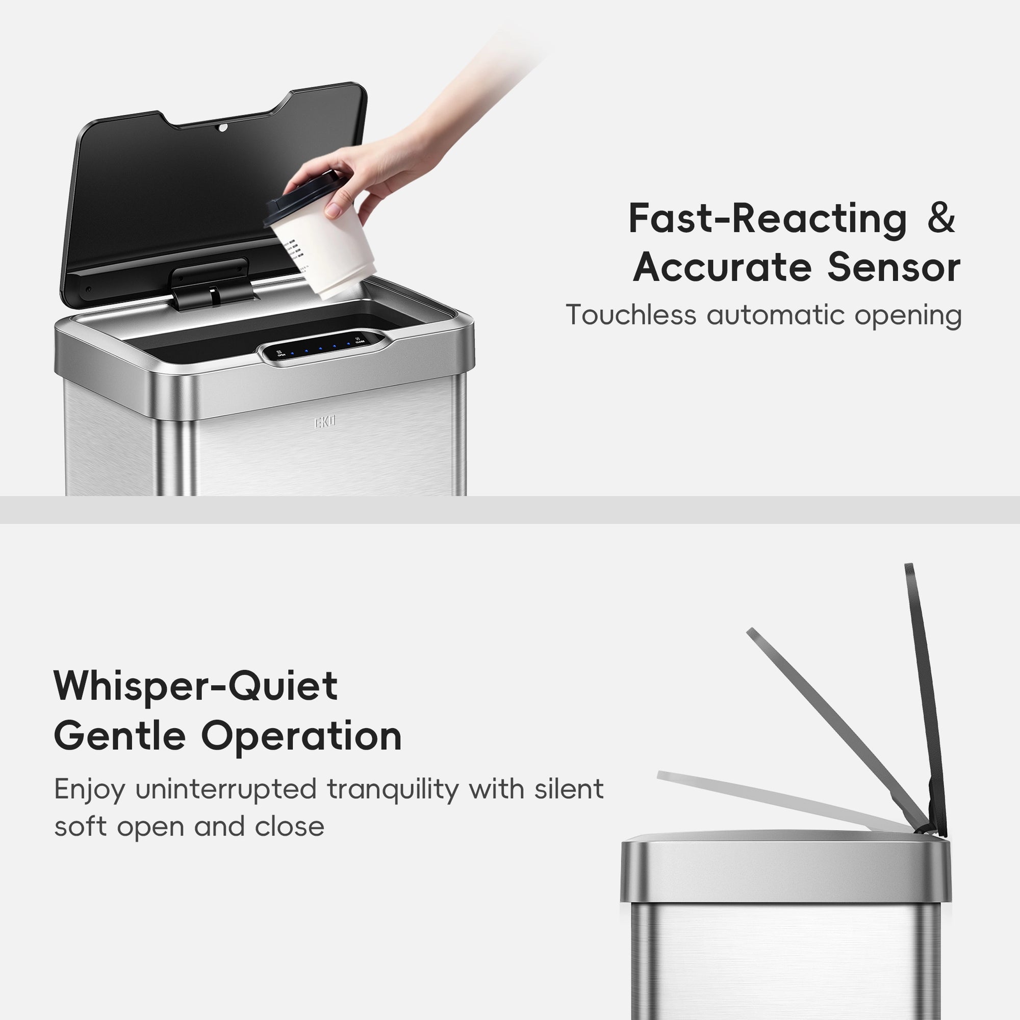Touchless EKO trash can featuring lid sensor activation and quiet operation.