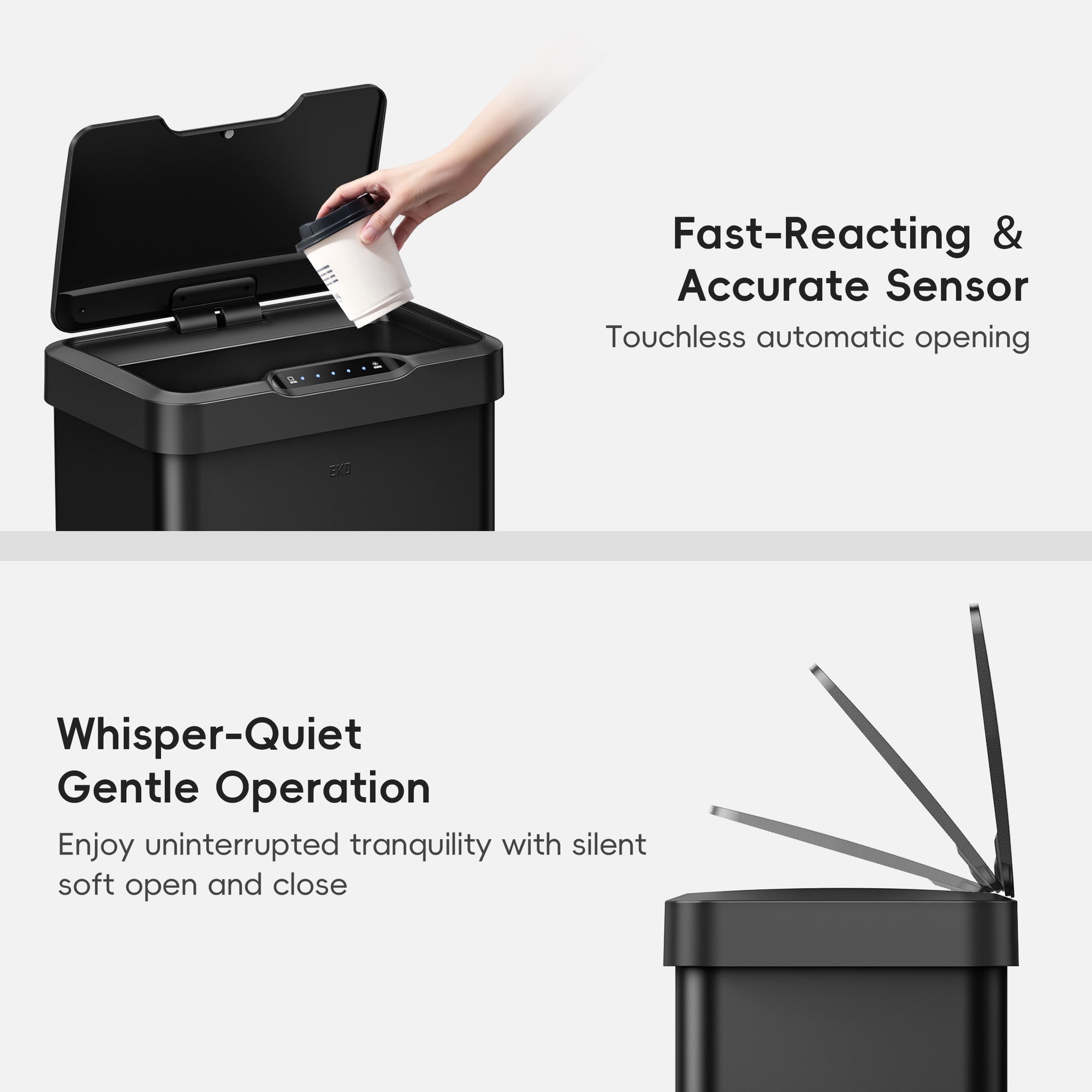Touchless EKO trash can featuring lid sensor activation and quiet operation.